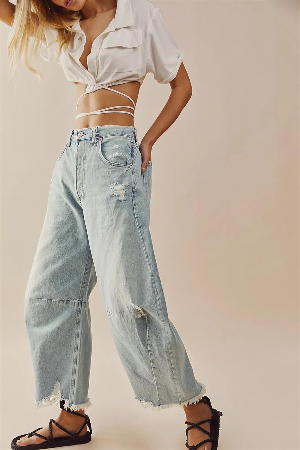 Women's High Waisted Barrel Horseshoe Baggy Jeans Cropped Boyfriend Wide Leg Raw Hem Denim Pants Y2K Loose Balloons Jean