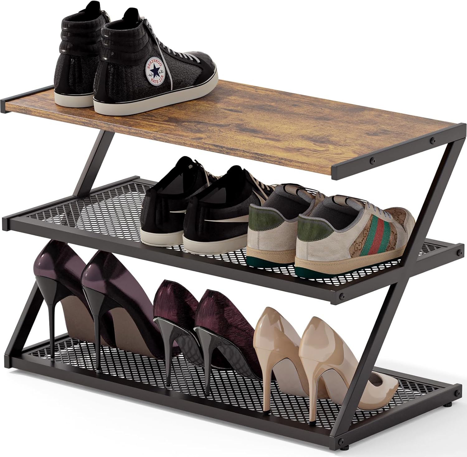 Z-Frame Shoe Rack with Wooden Top & Metal Mesh Shelves - Space-Saving Storage for Hallway, Living Room, Closet & Bedroom (24.41" x 11.02" x 16.14") 24.41" X 11.02" X16.14" Rustic Brown