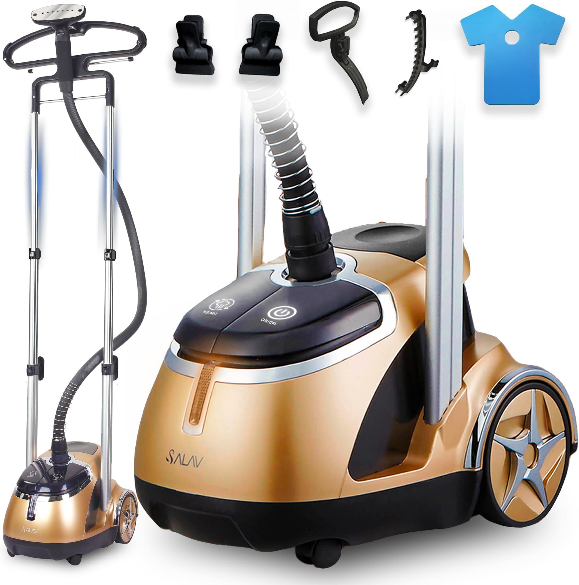 SALAV Limited Edition Professional Series Dual Bar Garment Steamer with Foot Pedals, Stainless Steel Steam Plate, Retractable Power Cord, 1.8L (60.8 oz) Water Tank, 1500 watts, 60+mins of Steam