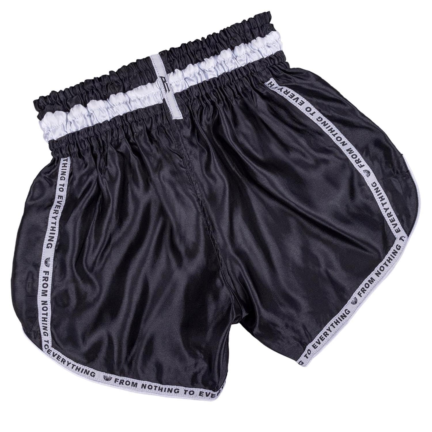 Muay Thai Shorts, Label, Schwarz, Kickboxhose für Training & Wettkampf, Thaibox Shorts Satin, Atmungsaktiv, Langlebig, Kampfsporthose für MMA, K1, Boxen, Thai Boxen