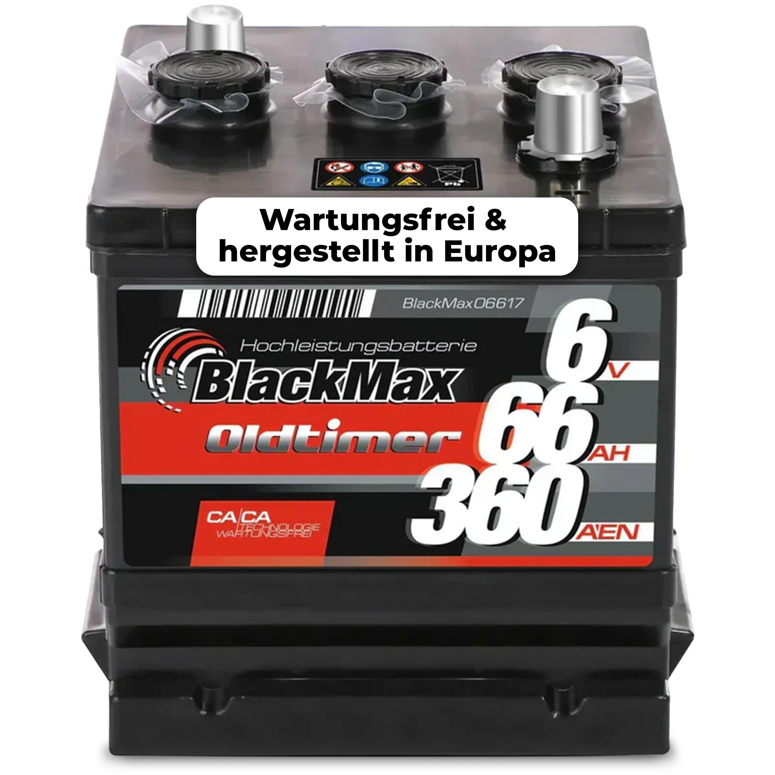BlackMax Oldtimer Batterie 6V 66Ah 360A/EN [06617] - 6 Volt Autobatterie für PKW - Starterbatterie mit Ca/Ca Technologie - wartungsfrei & sofort startklar