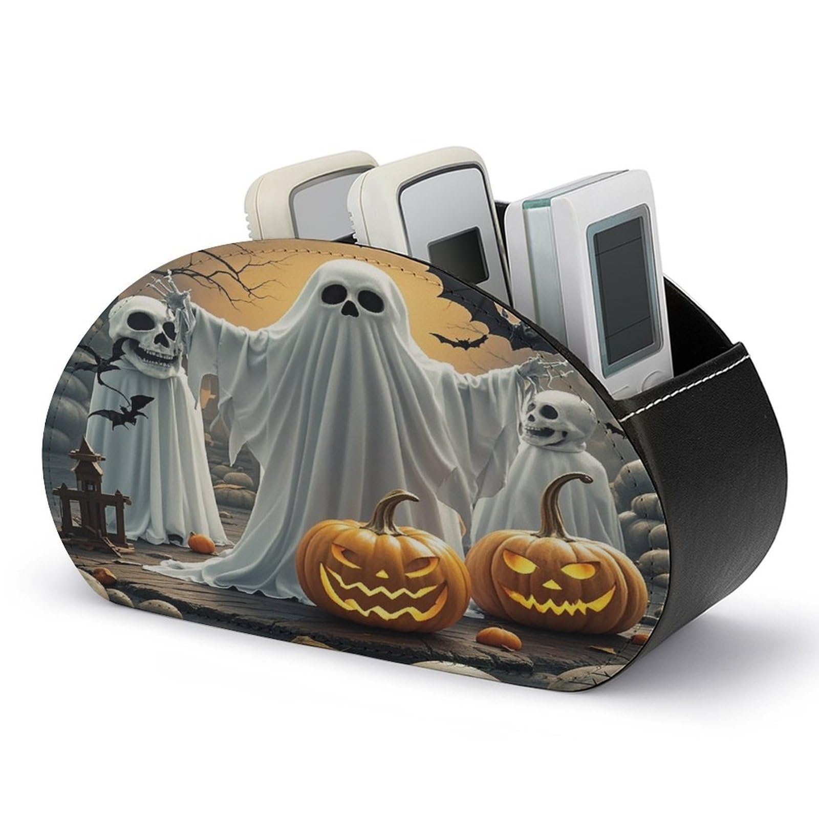 FekiLoot Pumpkin Lantern Ghost TV Remote Control Holder with 5 Compartments Multi-functional Leather Bedside Table Remote Caddy Desktop Storage Box for Store Pen Controller Media Player Cosmetic
