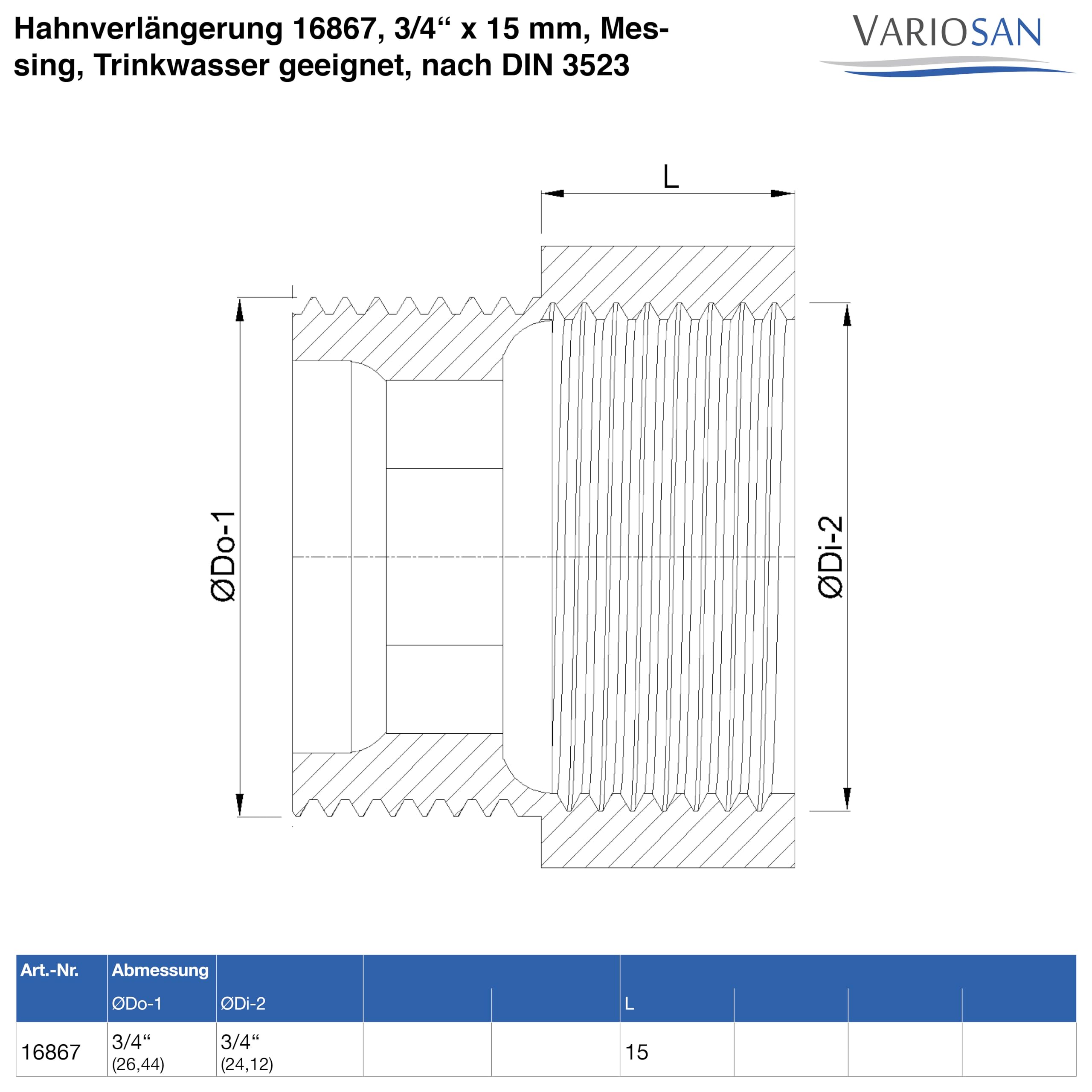 VARIOSAN Extensión de grifo 16867, 3/4" x 15 mm, latón, apto para agua potable, según DIN 3523
