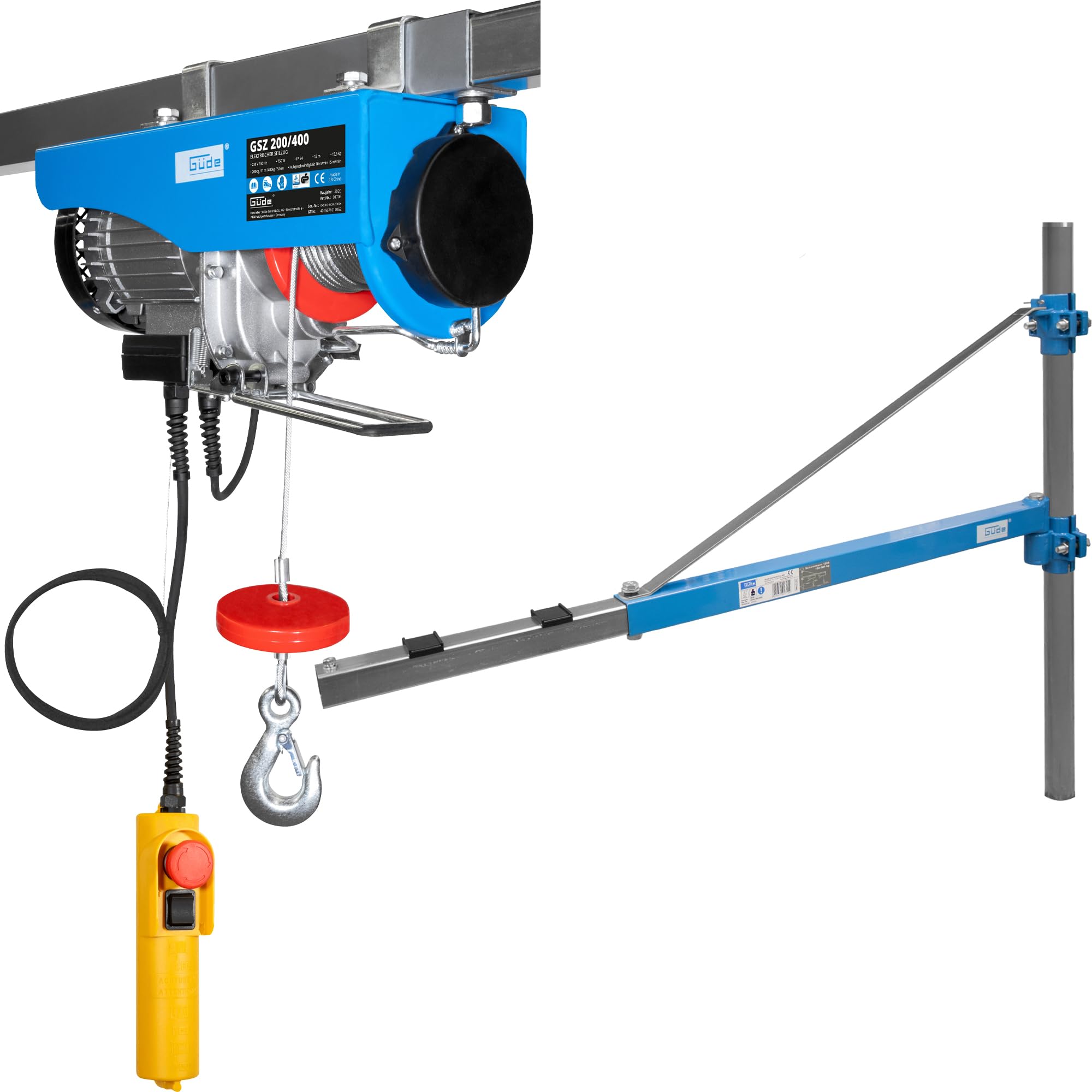 Güde Elektro-Seilzug GSZ 200/400 (750 W, GS-geprüft, max. Hubkraft ohne/mit Umlenkrolle 200/400 kg, 12 m Seil) inkl. Güde Schwenkarm 1200 100-600 kg (600 kg max. Hubkraft, max. Auszugslänge 110 cm)
