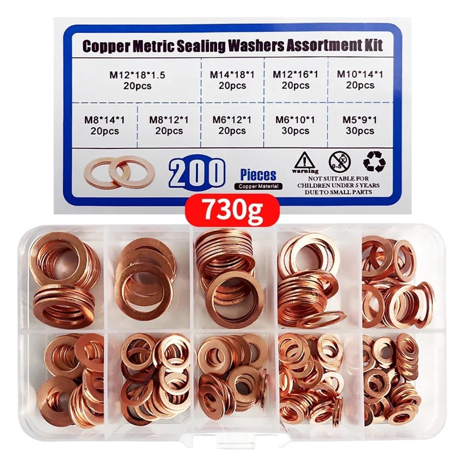 200 piezas/caja de arandela de cobre for sellado de juntas sólidas, tapón de cárter de aceite for herramienta de anillo de sello plano de barco(5 BOXES)