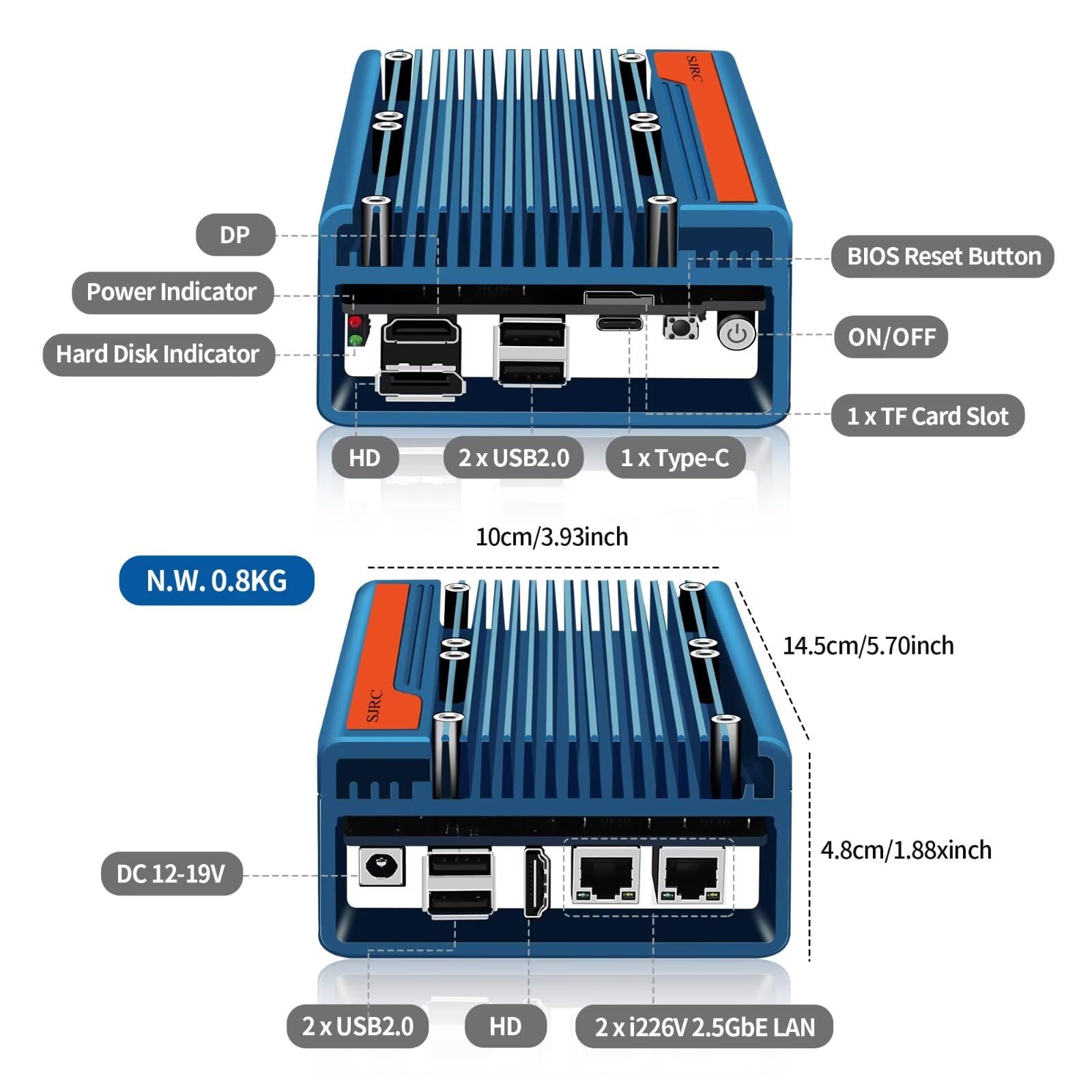 SJRC Fanless Mini PC 12th Gen N200 Firewall Micro Appliance, Designed for DIY/3D Printing Enthusiast, 2x i226V 2.5GbE LAN, PCIe x8, Type C, TF Slot, Barebone NO RAM NO SSD NO OS