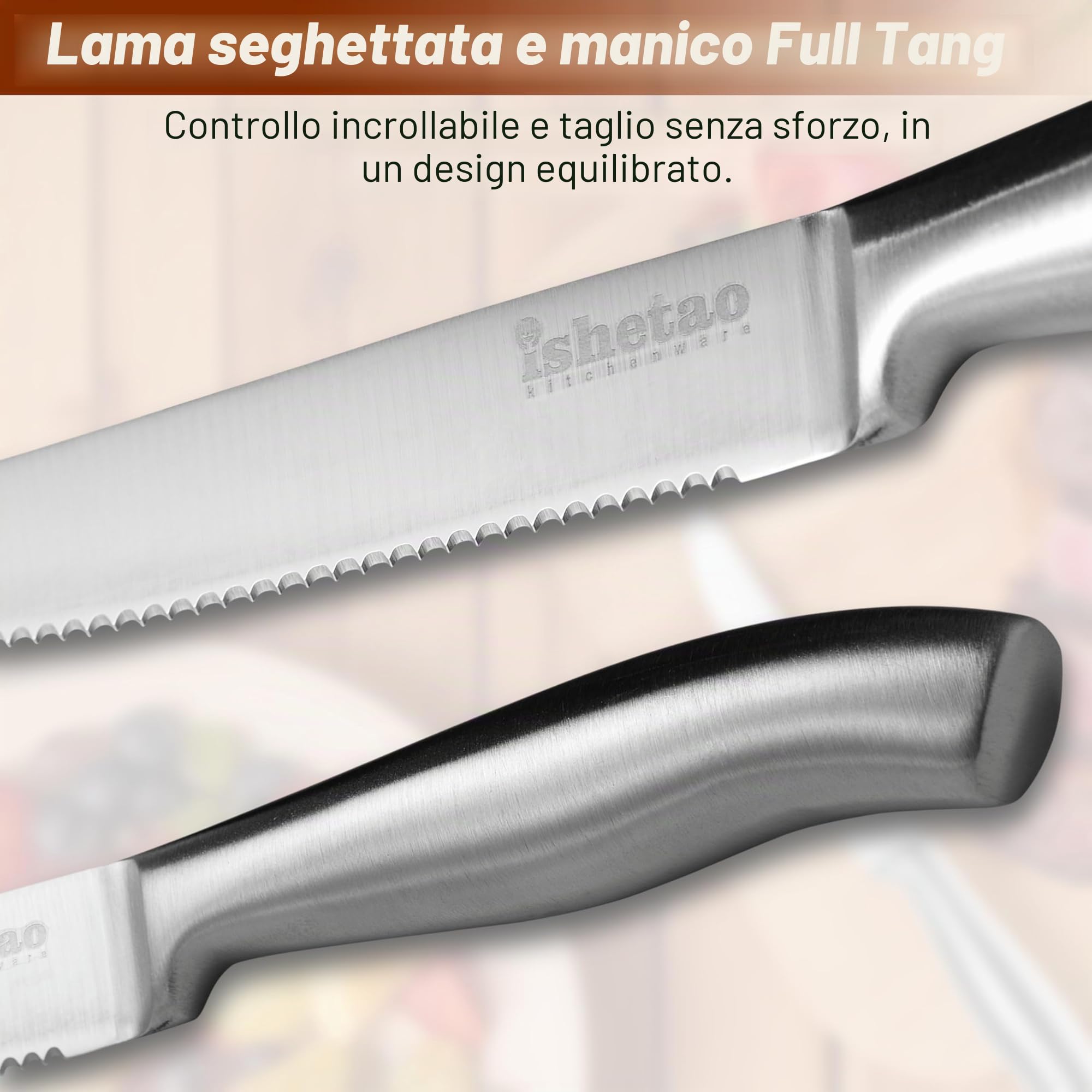 Set di coltelli da bistecca,coltello seghettato, set di coltelli affilati in acciaio inossidabile, set di 6 coltelli da tavola, lavabili in lavastoviglie, robusti e facili da pulire