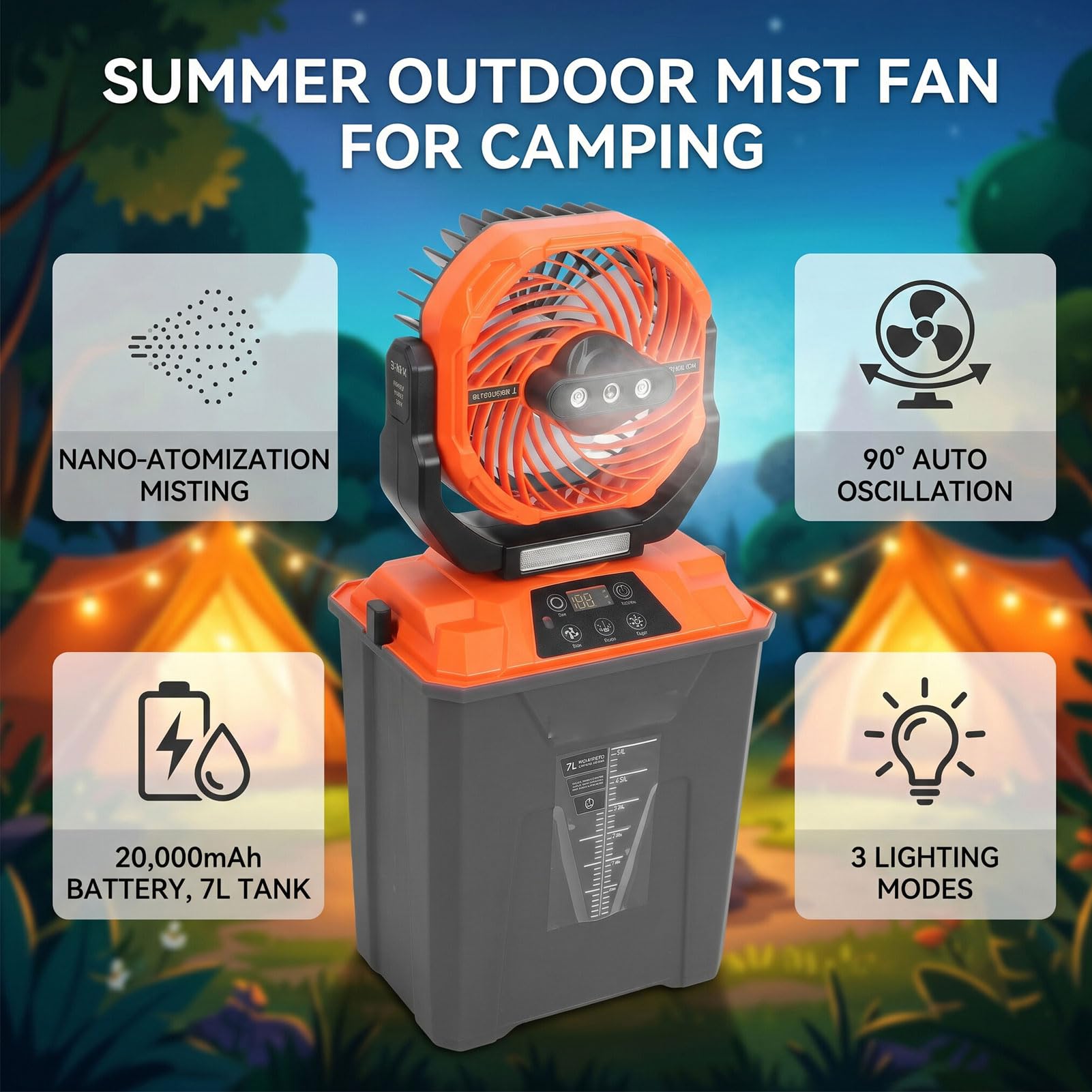 Ventilateur Brumisateur Portable, Ventilateur Oscillant Rechargeable 20000 MAh, 5 Vitesses, 4 Niveaux de Brumisation, Réservoir D Eau 7 L for Extérieur et Camping (ORANGE)