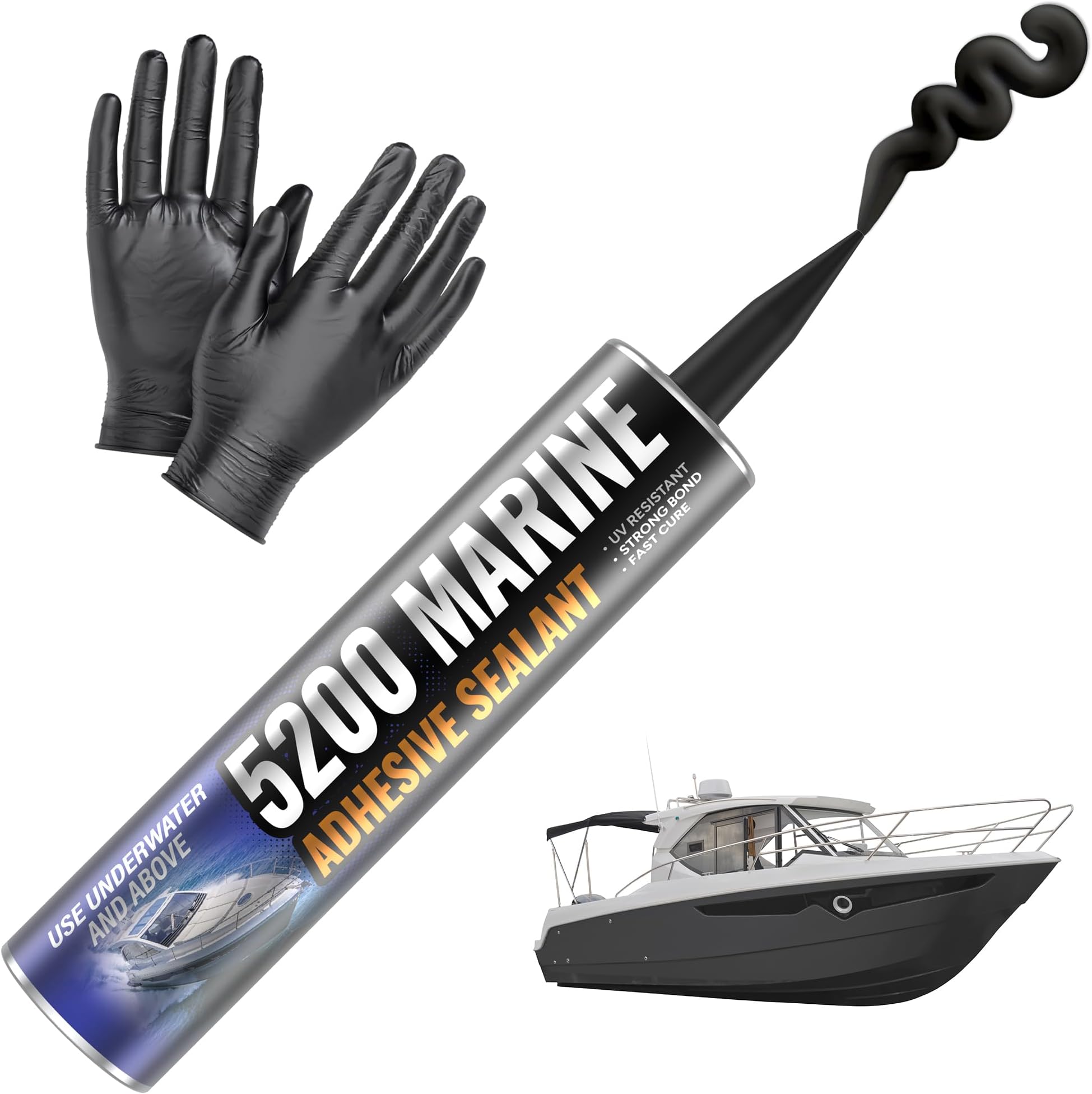 [Black] 5200 Marine Sealant - Fast Cure, High Bond Strength, UV Resistant Underwater 5200 Fast Cure, Marine Adhesive Sealant for Boats, Hulls, Decks, & RVs Caulk Black with Gloves, Nozzle 10oz