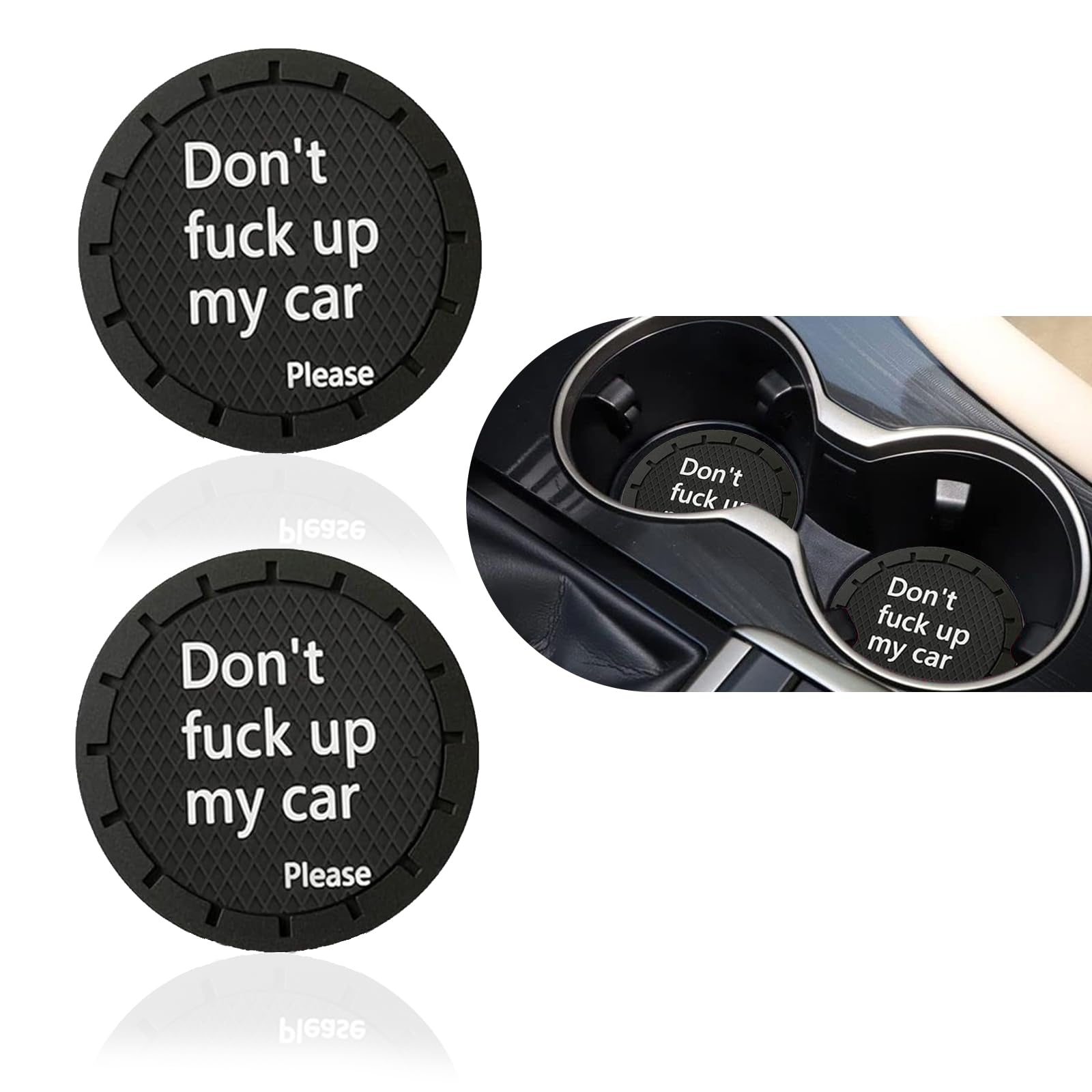 2 PCS Car Center Console Embedded Coaster, 2.75" x 0.23" Personalized Phrase Don't fu*k up My car Convex Honeycomb Anti-Slip Surface Waterproof Coaster, Suitable for Trucks SUVs Cars (Black)