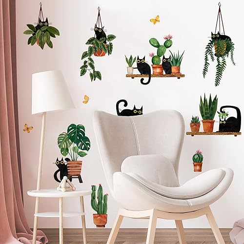 Miniatura 5 de Yovkky Calcomanías de pared de plantas en maceta de gatos negros, caricaturas, gatito, bonsái, guardería, sala de juegos, decoración de cactus para
