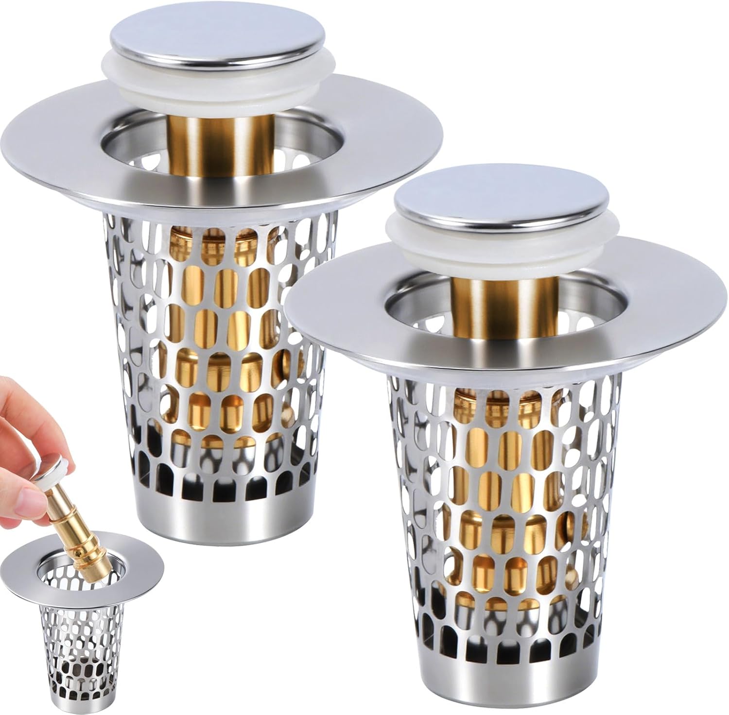 3Pcs 3-in-1 Bathroom Sink Stopper Hair Catcher for 1.15-1.6 in, Universal Stainless Steel Drain Strainer, Pop-Up Bathroom Sink Stopper with Basket