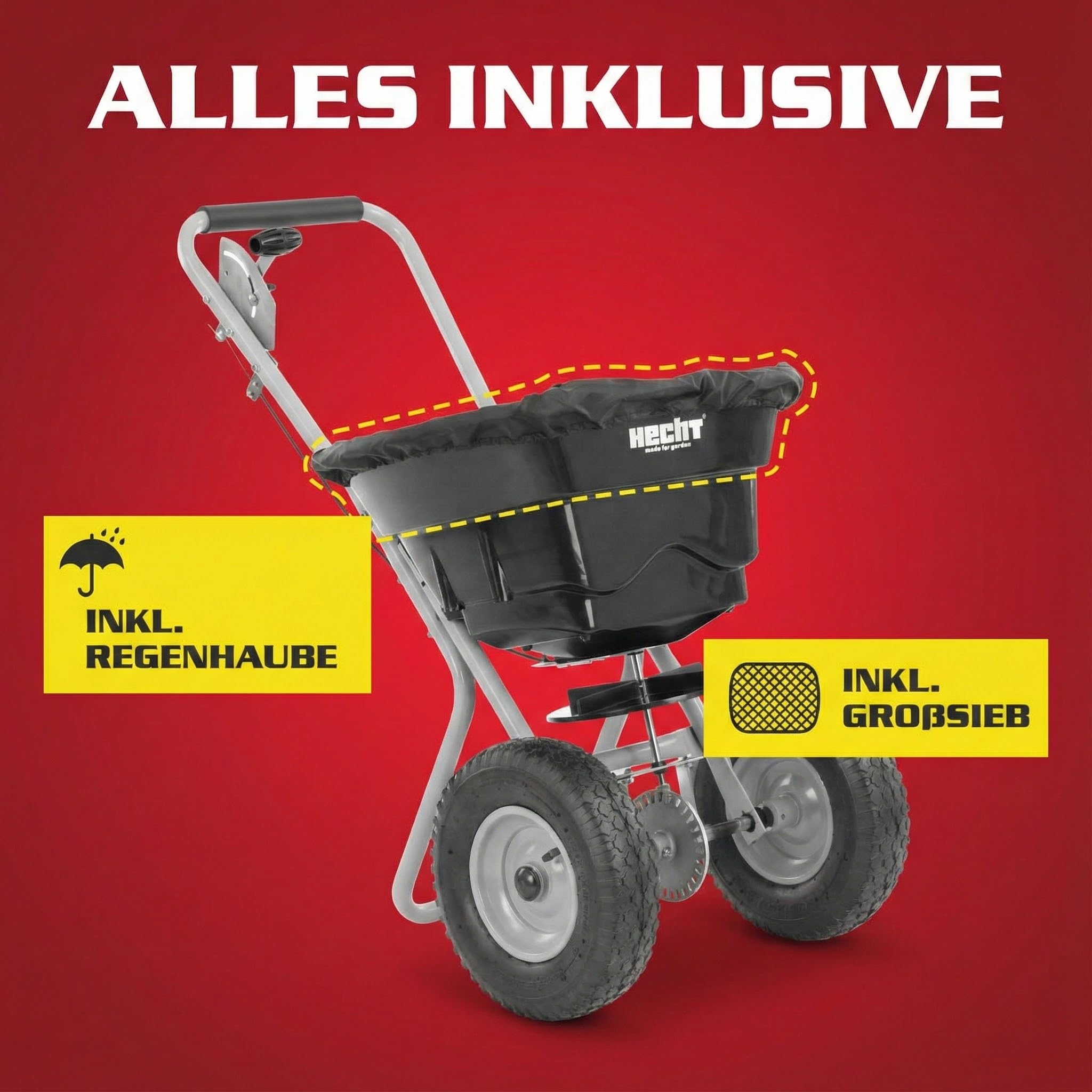 HECHT Streuwagen – Düngestreuer – flexible Streubreite – 29 Liter / 36 kg Streuer – Universal für den Winterdienst, als Aussaathilfe oder Düngerwagen für Rasen – Schleuderstreuwagen mit Luftreifen