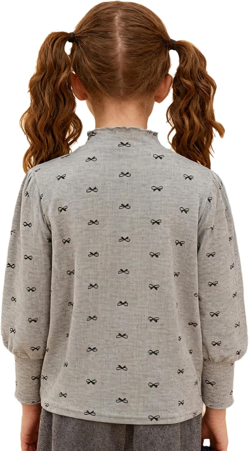 Hansber Kids Girls Bowknot Print Thermal Tops Base Layer Undershirt Long Sleeve Crew Neck Pullover Active Shirt