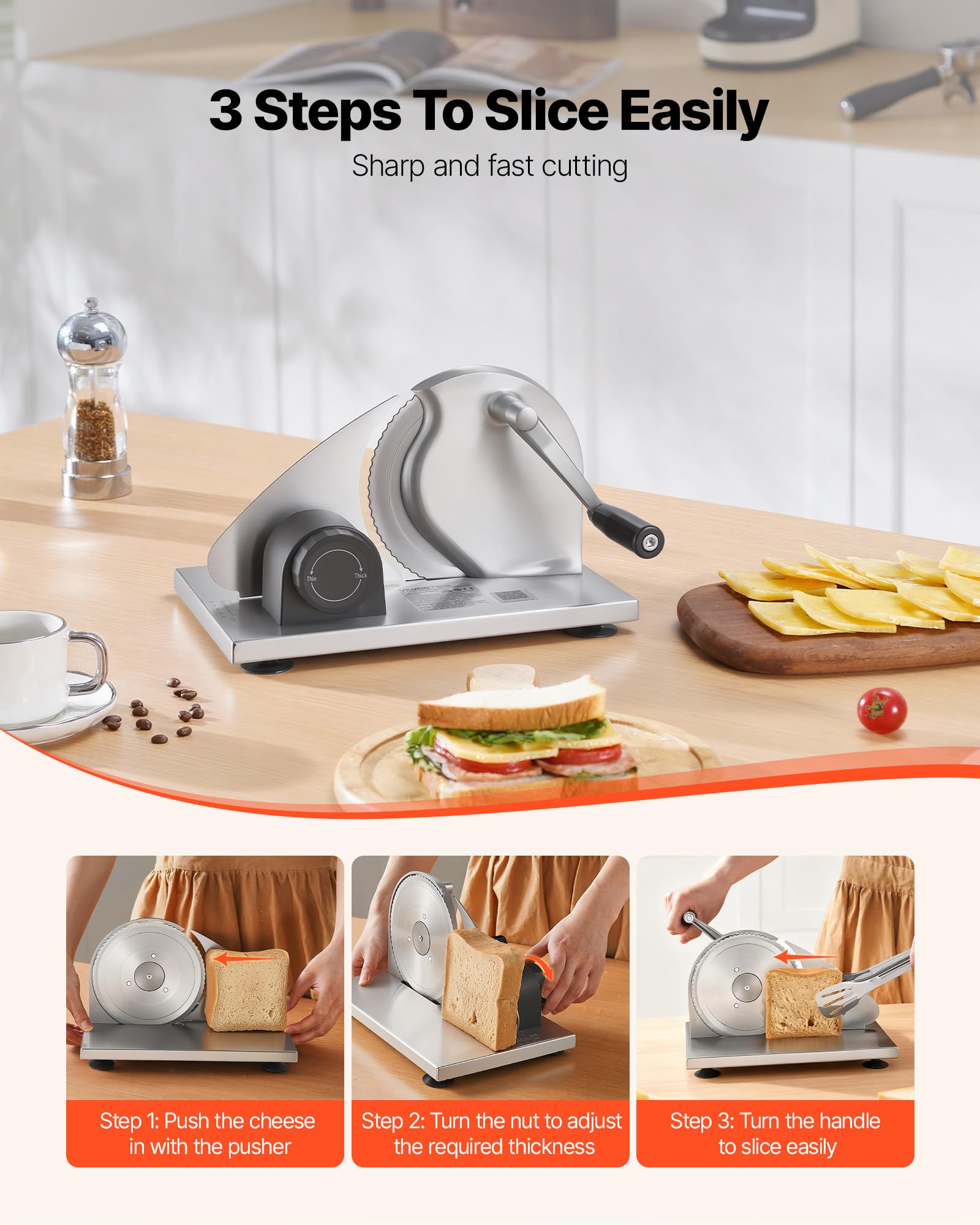 VEVOR Máquina de Cortar Pan Manual Grosor Ajustable de 0 a 15 mm, Rebanadora de Pan con Manivela, Cuchilla de Acero Inoxidable Microdentada, para Cocina, Panadería, Fiestas, 310 x 255 x 190 mm