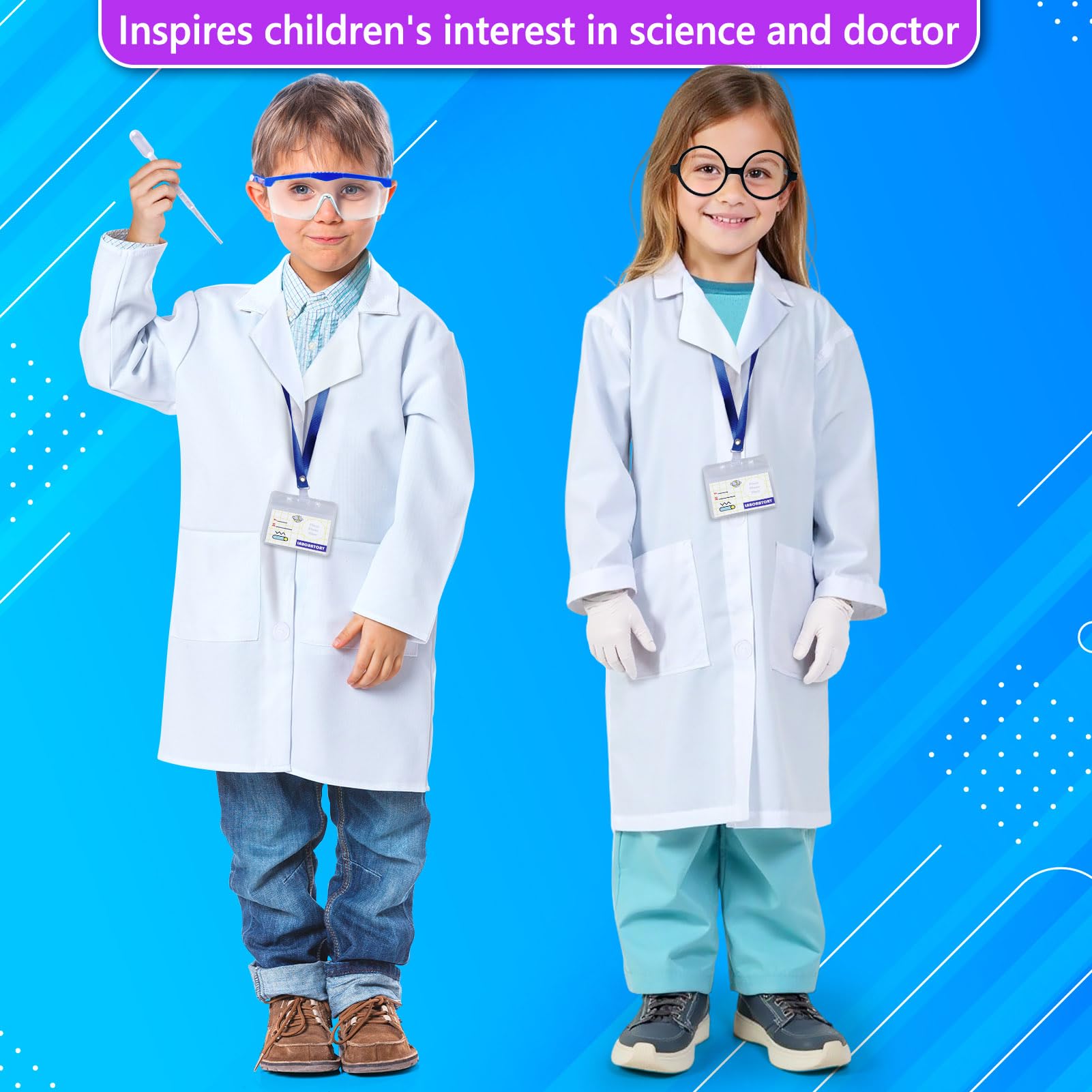 UNGLINGA Kids Scientist Costume Lab Coat Doctor Pretend Play for Boys Girls with Goggles Glasses ID Card Gloves for Science Projects Halloween M - Image 2