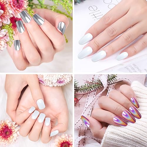 Miniatura 8 de Artdone 4 frascos de polvo de uñas cromado, efecto espejo metálico, pigmento cromado, iridiscente, aurora, purpurina, sirena, perla blanca, kit de