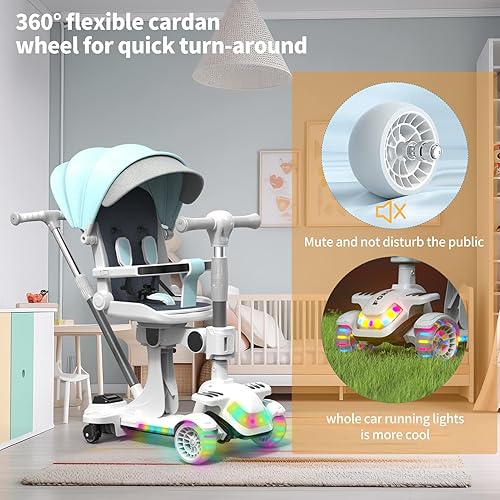 Miniatura 3 de Patinete para niños, 3-1 con cochecito de bebé, scooter plegable de 5 alturas para niños de 2 a 5, 3 ruedas con ruedas LED, parasol portátil, con