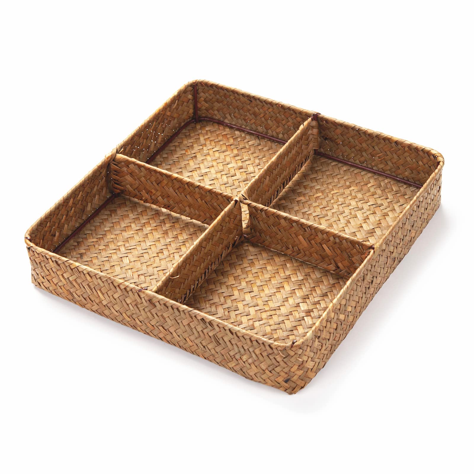 YANGQIHOME Coffee Station Organizer, Tea Bag Holder, Seagrass Storage Basket with 4 Divided Sections, Wicker Drawer Organizer