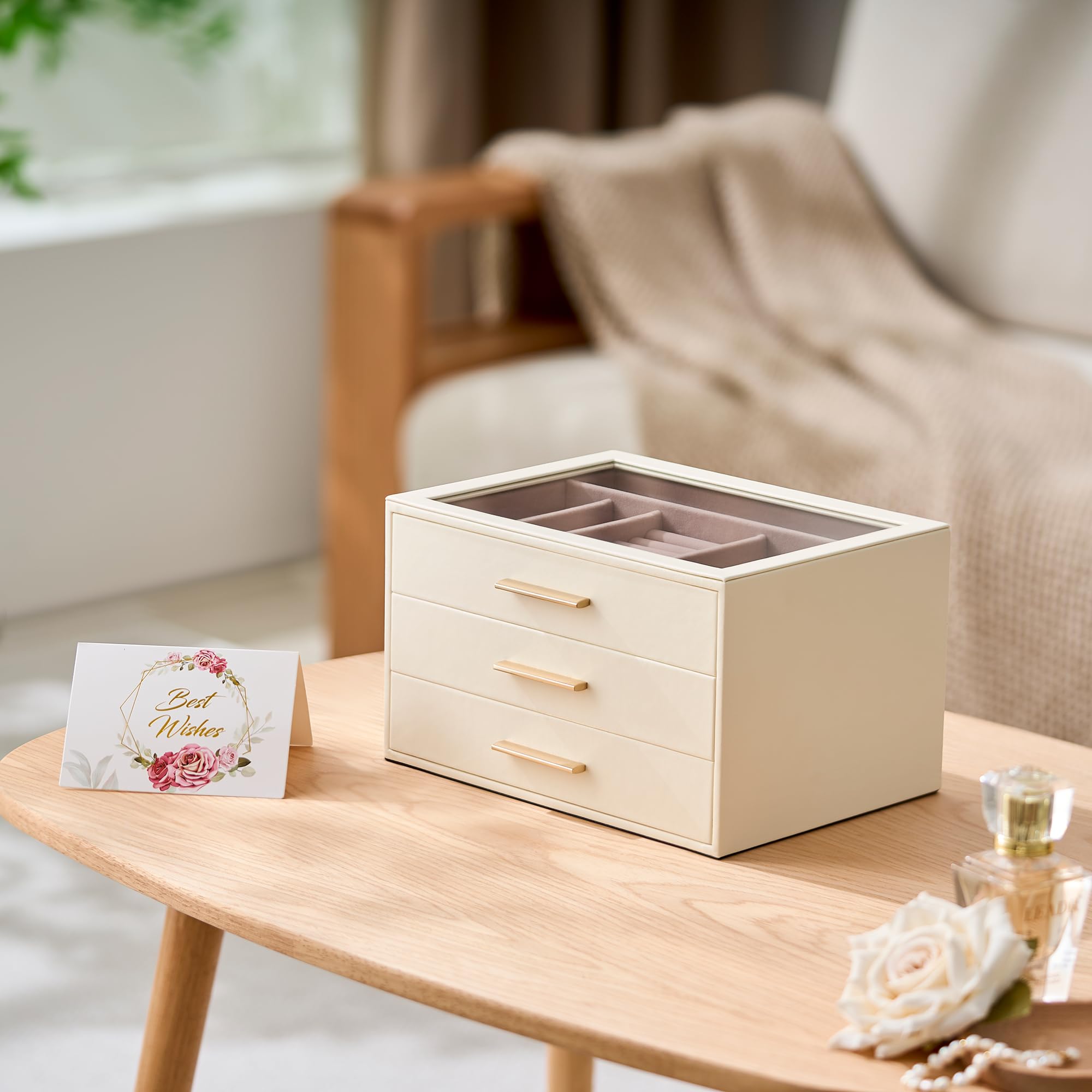 pickpiff Schmuckkästchen-Organizer: 3-stöckiges Schmuckkästchen mit Glasfenster, elfenbeinfarbenes Leder mit rosa Samt, Halterungen für Ringe, Halsketten, Armbänder und Uhren, tolles Geschenk für sie