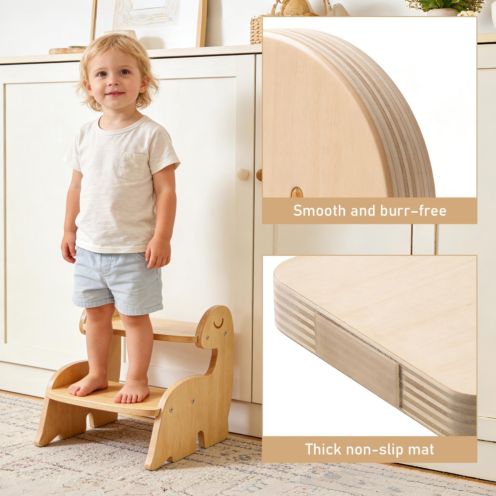 Tritthocker für Kinder, Gegen Wand Schrank Dinosaur Baby Tritthocker, 2 Stufe, Holz Holzhocker für Kinder Möbel, Lernturm Montessori für Küche Badezimmer Schlafzimmer Kinderzimmer WC