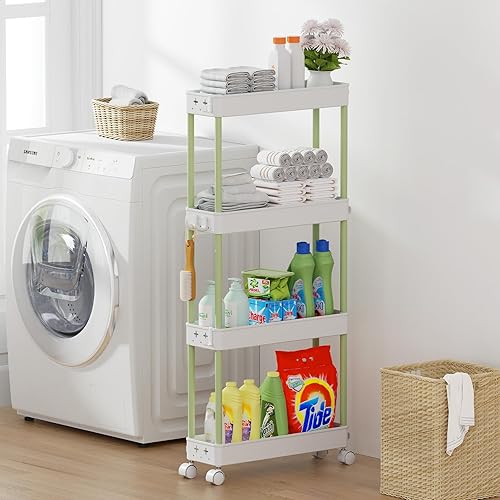 Miniatura 8 de GONGQIN Carrito de almacenamiento delgado de 4 niveles, carrito utilitario estrecho de 5.7 pulgadas con ruedas y ganchos, organizador móvil con