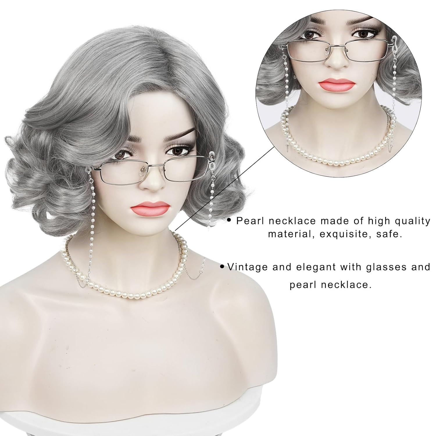 Aicos 5PCS Old Lady Wig Set for Women Grey Grandma Wig with Glasses & Pearl Necklace for Halloween Costume Party