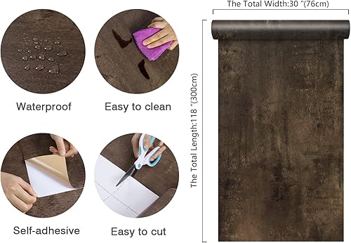 Miniatura 2 de CHIHUT Papel tapiz de hormigón marrón para despegar y pegar, papel de contacto de hormigón sintético de 30 x 118 pulgadas, para encimeras,