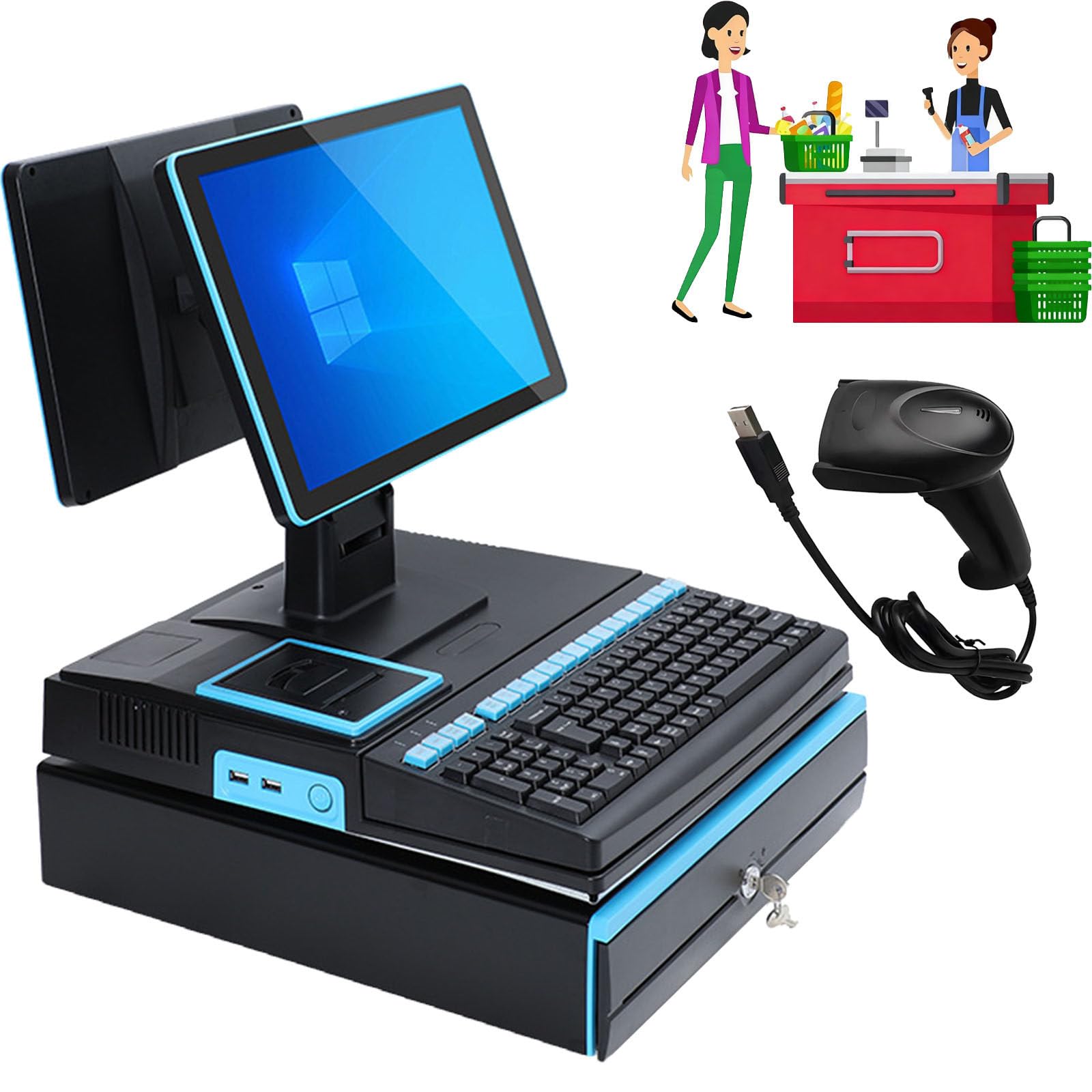 Ptatritious F Cashier Register, Smart Cash Register Pos System All-In-One Cash Register With 15.6-Inch Touch Screen Pc, Built-In 58Mm Printer, Or Small Businesses And Retailers -4+64Gb
