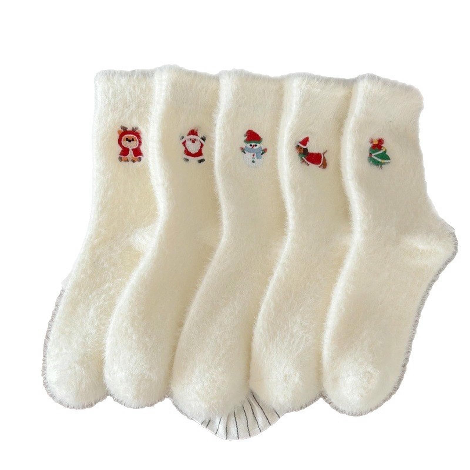 Calcetines de invierno de felpa para casa, pack mixto de 5 pares con bordados navideños en talla única