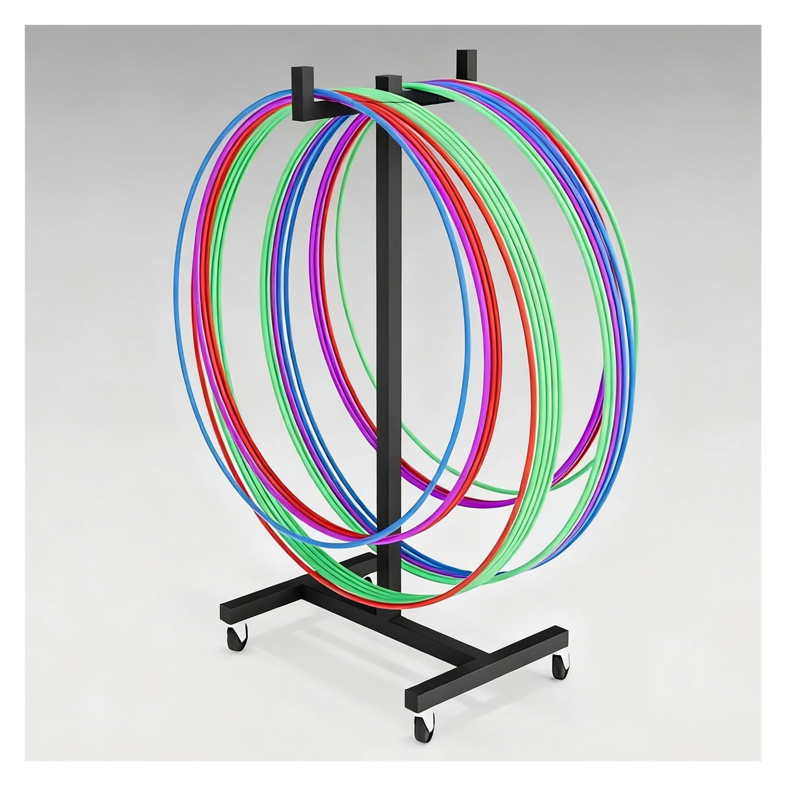 Hula Hoop Halterung Tragbares Aufbewahrungsregal für Übungsringe, beweglicher Springseil-Organizer aus Metall, freistehender Hula-Hoop-Trolley-Ausstellungsständer