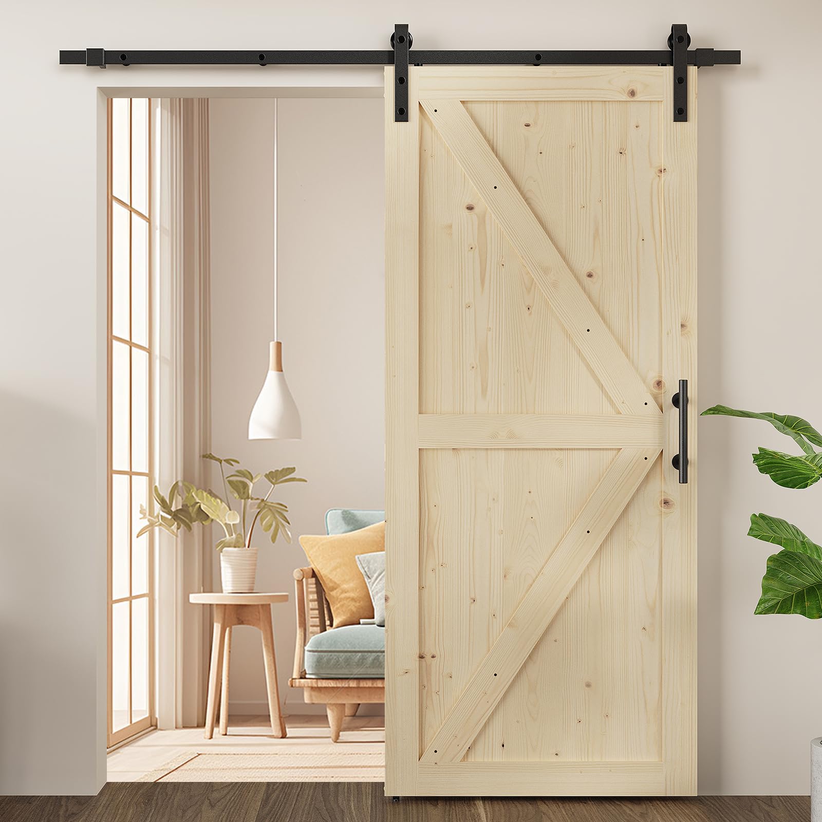 36in x 84in Barn Door Wood, 7FT Sliding Door with Hardware Kit Included, Solid Pine Barn Doors K Shape with Black Barn Door Handle and Floor Guide Need to Assembly