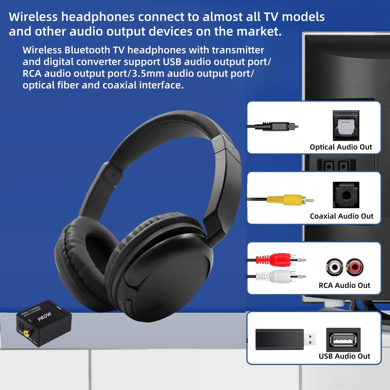 PROW Cuffie TV Senza Fili con Trasmettitore USB, Cuffie TV Senza Fili per Anziani, CuffIe Bluetooth Over-Ear per, Nessun Ritardo Audio, Durata Della Batteria di 30 Ore, Leggere e Comode