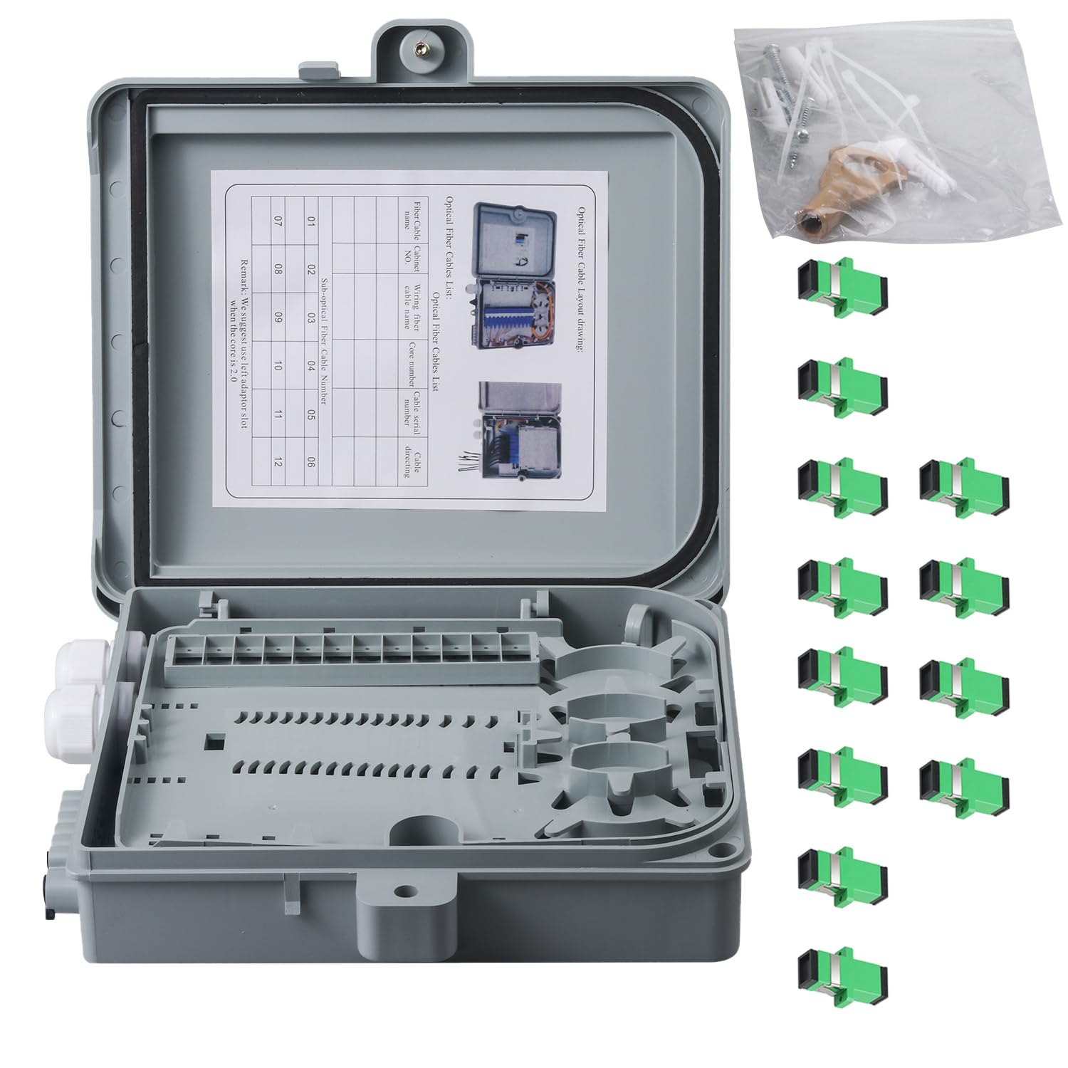 Boîte de distribution de fibre optique, boîtier mural à 12 ports avec 12 adaptateurs SC APC, monomode, FTTH, étanchéité IP65 pour utilisation extérieure/intérieure – 24 x 22 x 6,5 cm
