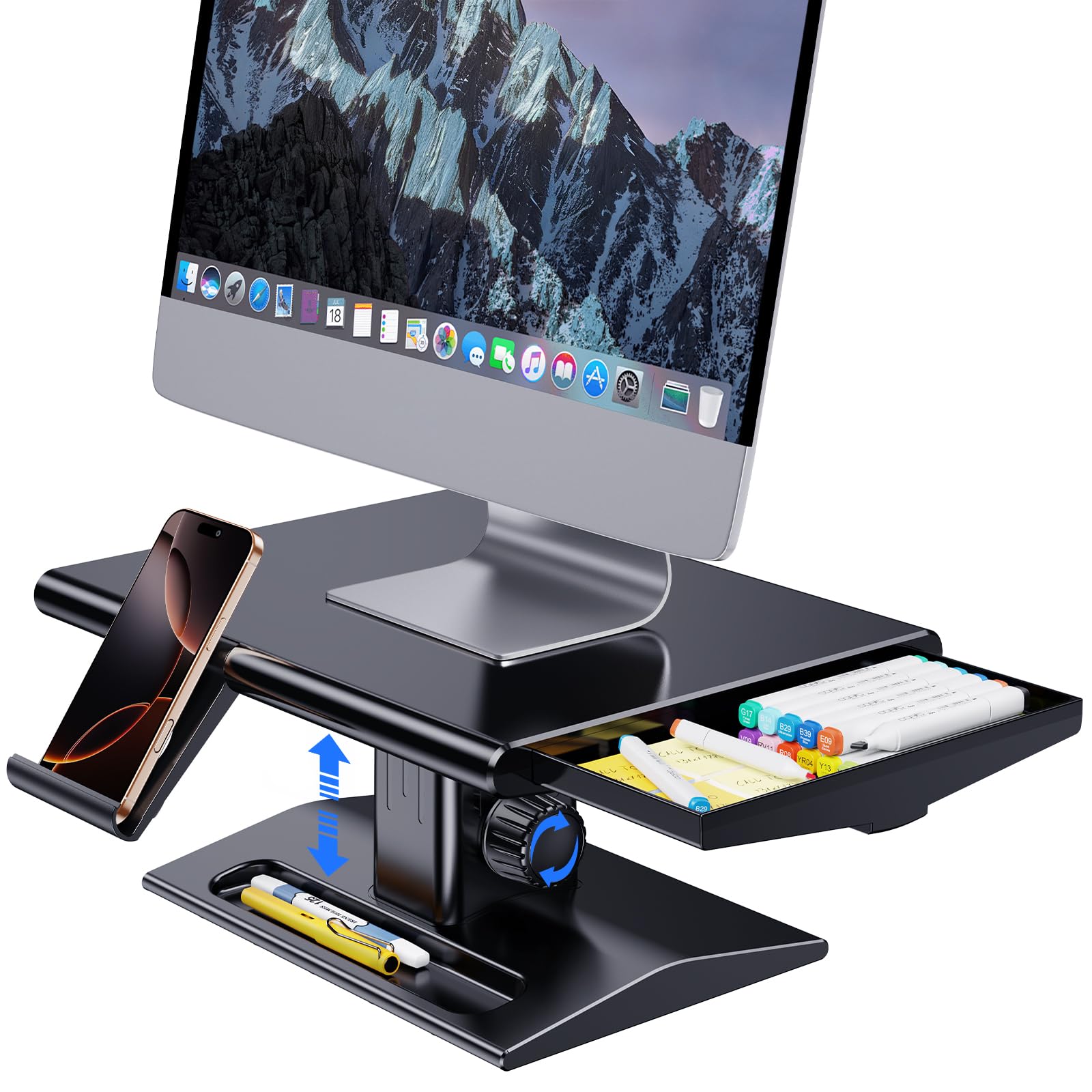 モニター台 卓上 パソコン モニタースタンド 卓上 PCモニター台 モニタースタンド 無段階高さ調整(145-165mm) 人間工学ディスプレイスタンド パソコン台机上台 高さ調整 ノブの高さ調整 ABS製 耐荷重22kg 組立不要 机上台 滑り止めパッド付き パソコン、ノートパソコン、プリンター、テレビなどに適し ブラック - 2