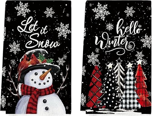 Artoid Mode Juego de 2 toallas de cocina con diseño de muñeco de nieve negro Let It Snow con diseño de árboles de Navidad, 18 x 26 pulgadas