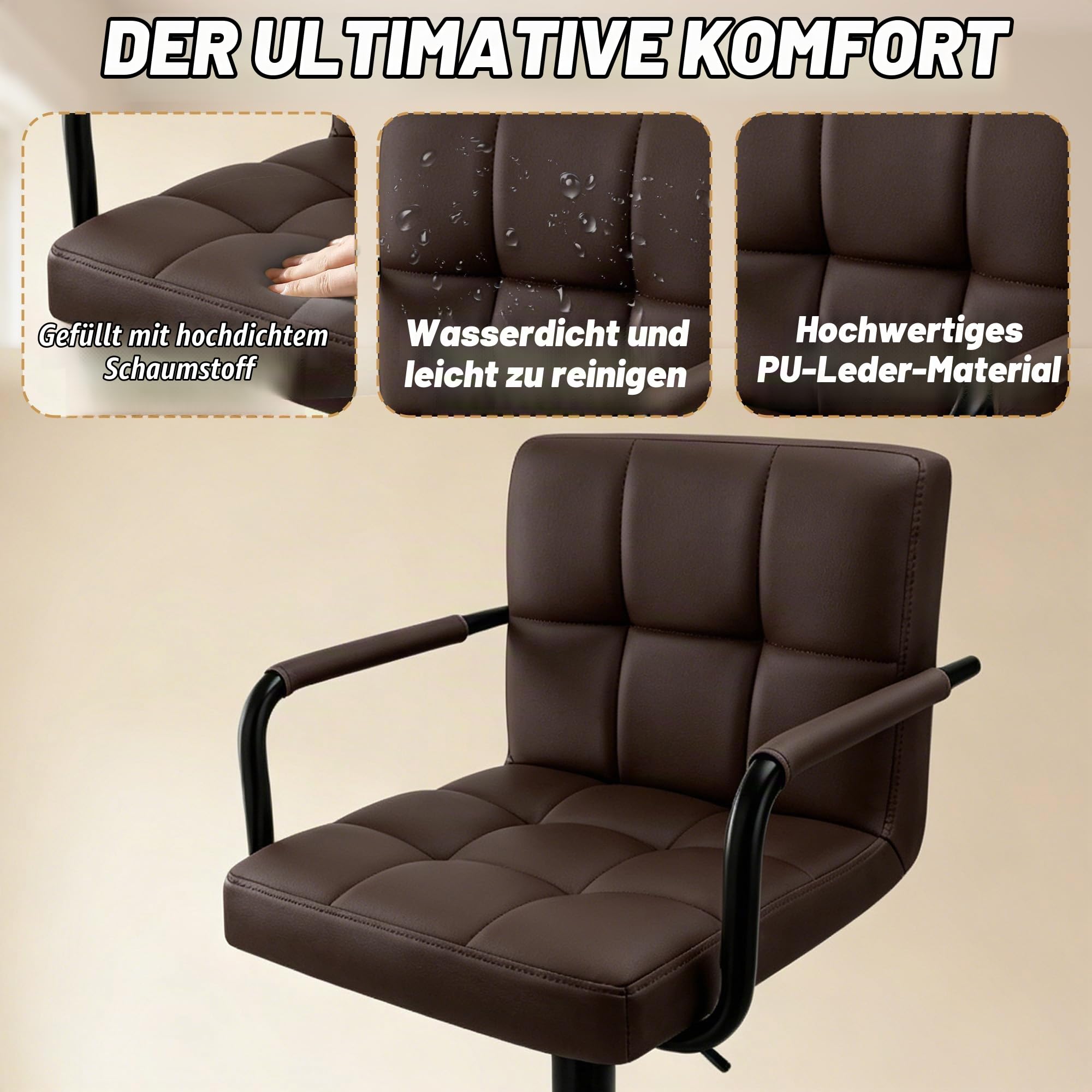 Verdego Barhocker 2er Set, Barstuhl Höhenverstellbar um 20cm, mit Armlehnen, Rückenlehne und Silber Fußstütze, Küchenhocker aus PU-Leder & Stahlgestell, 360°Drehstuhl, Bar Hocker (Braun)