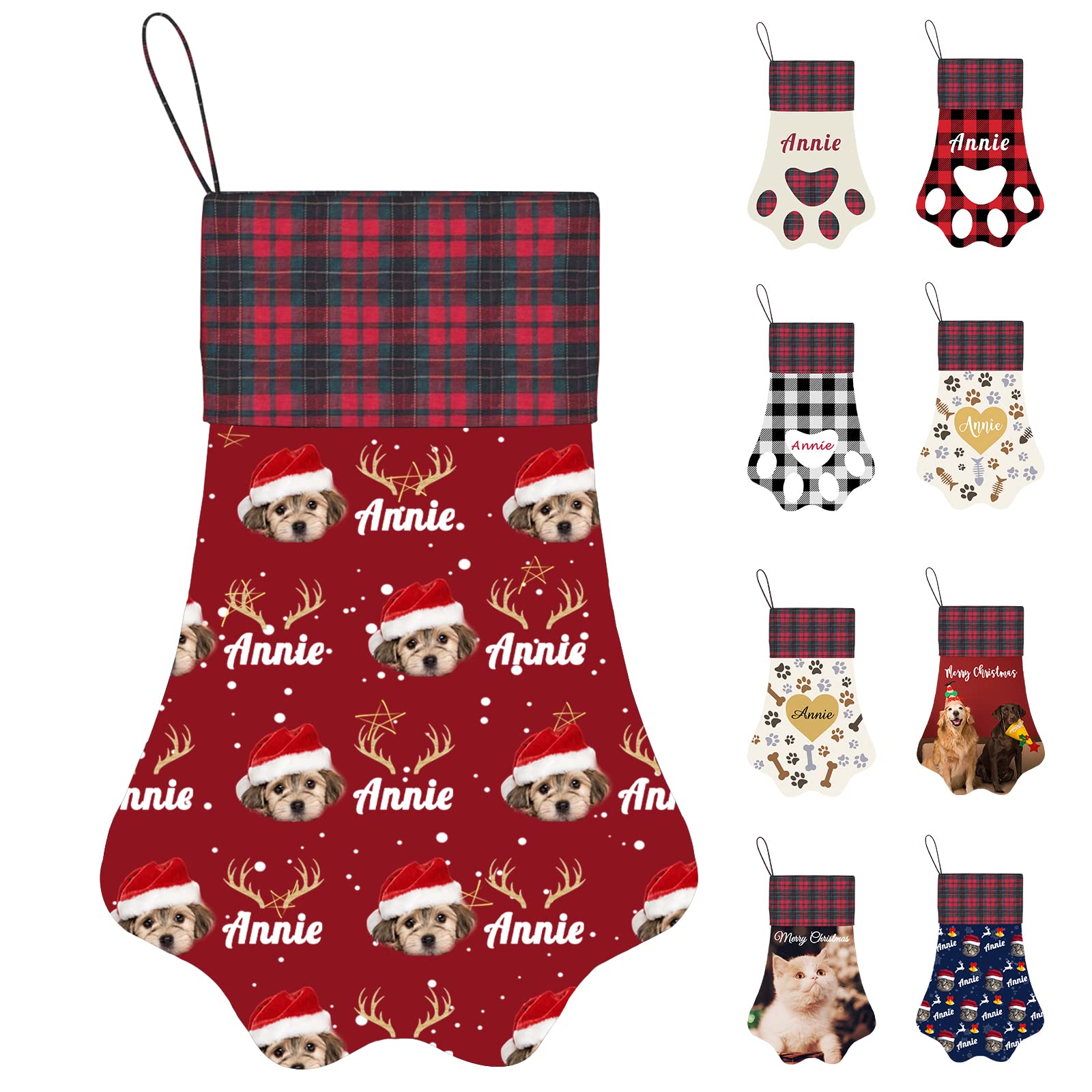 SeeWeLoveSeeWeLove Personalised Christmas Stockings for Dogs Cats Custom Pet Dog Cat Name Photo Candy Stocking Bag,Large Paw Shape Handmade Xmas Hanging