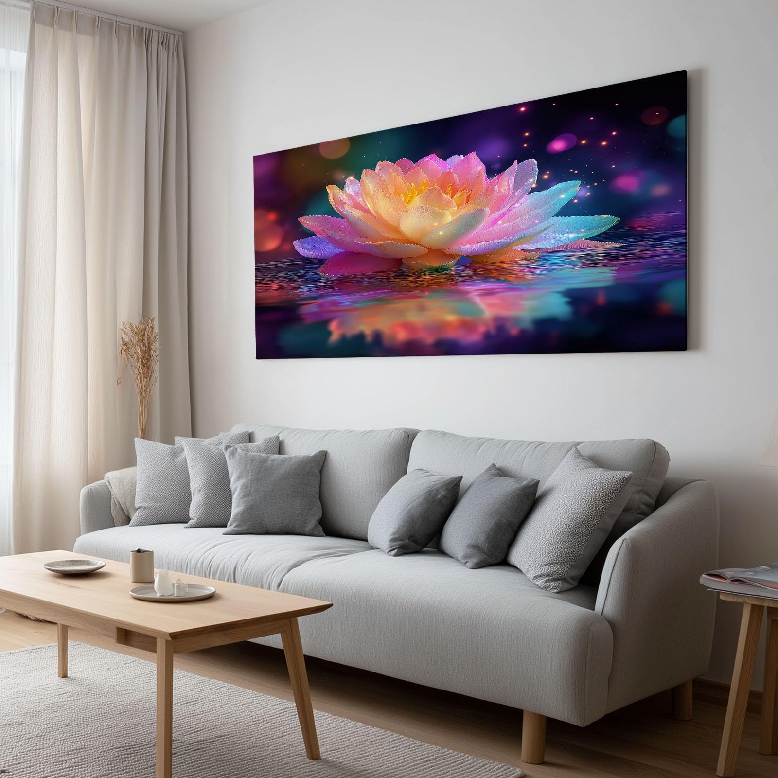 Generisch Abstrakt Bunt Floral Streifen Modernes Leinwandbild 140L x 70B cm mit Rahmen, Verträumt XXL Wanddeko für Wohnzimmer Geschenk Idee Einzug - Hochwertiger Kunstdruck auf Holzrahmen