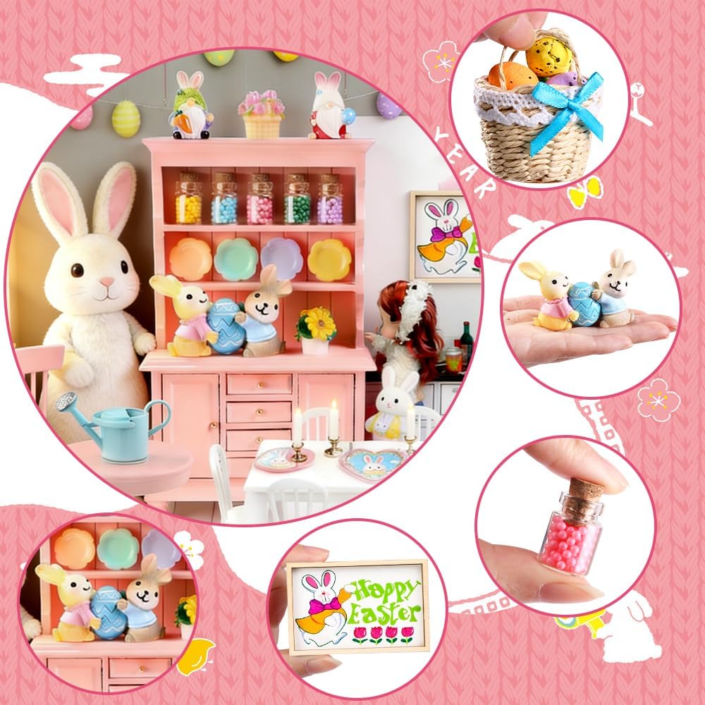 Celltestria 38Pcs Easter Dollhouse Miniatures Decorations 1:12 Scale Mini Pink Wooden Bookshelf Furniture Set Tiny Bottles Flowers Table Chairs Rabbits Eggs Easter Spring Decor