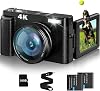 4K Digital Camera, 48 Megapixels, 4K Resolution, Auto Focus, Macro Photography, 16x Digital Zoom, 3-Inch Large Screen, 180 Degree Rotation, Spare Battery, HDMI Output, Lightweight, School Travel, Students, Beginners, 1.1 oz 32 g Memory Card Included, Black