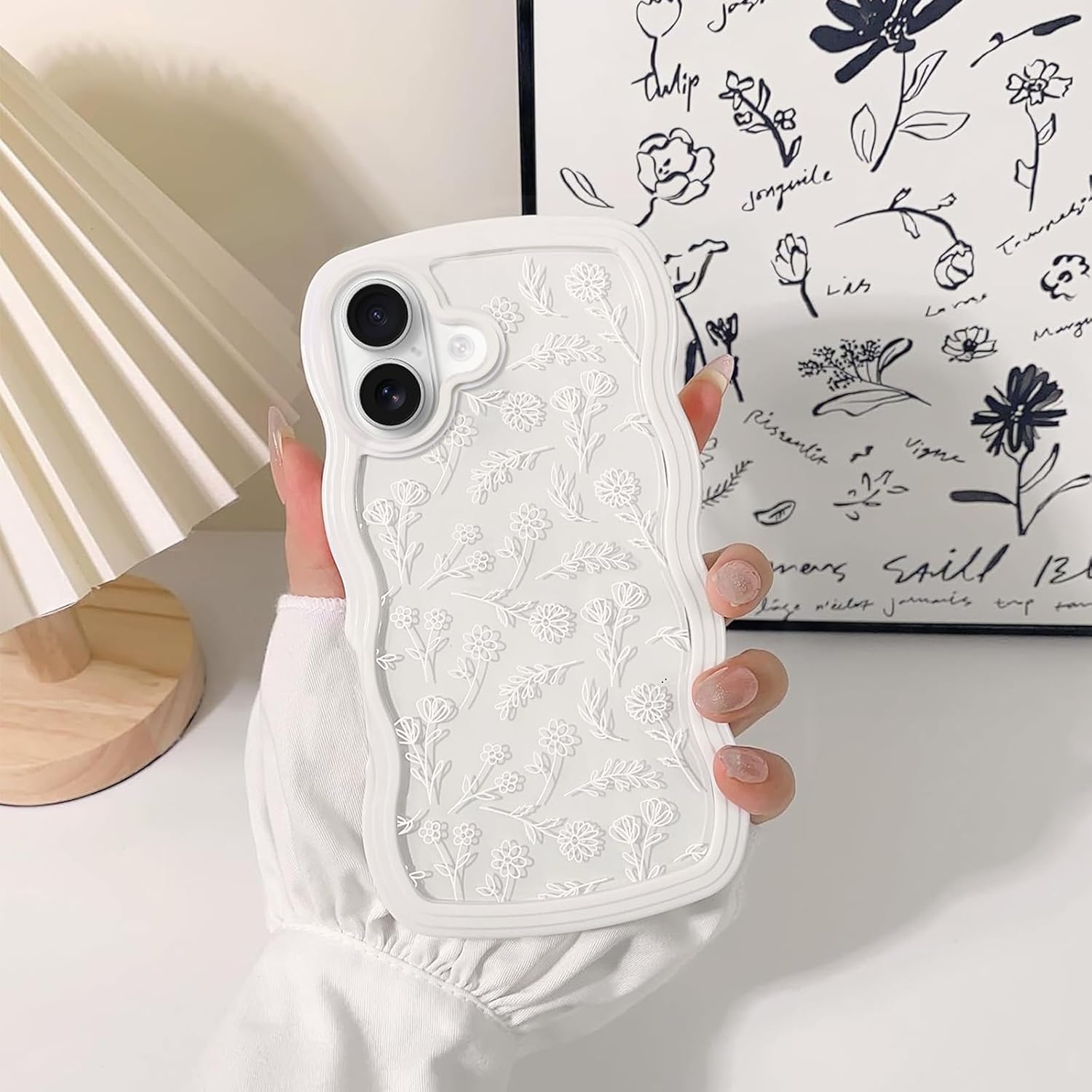 NITITOP Compatible for iPhone 16 Case Cute Clear Flower Floral Curly Wave Frame Shape Wavy Shockproof Soft TPU 2 in 1 Protective Phone Cover for Women Girl - White Flower - Image 3