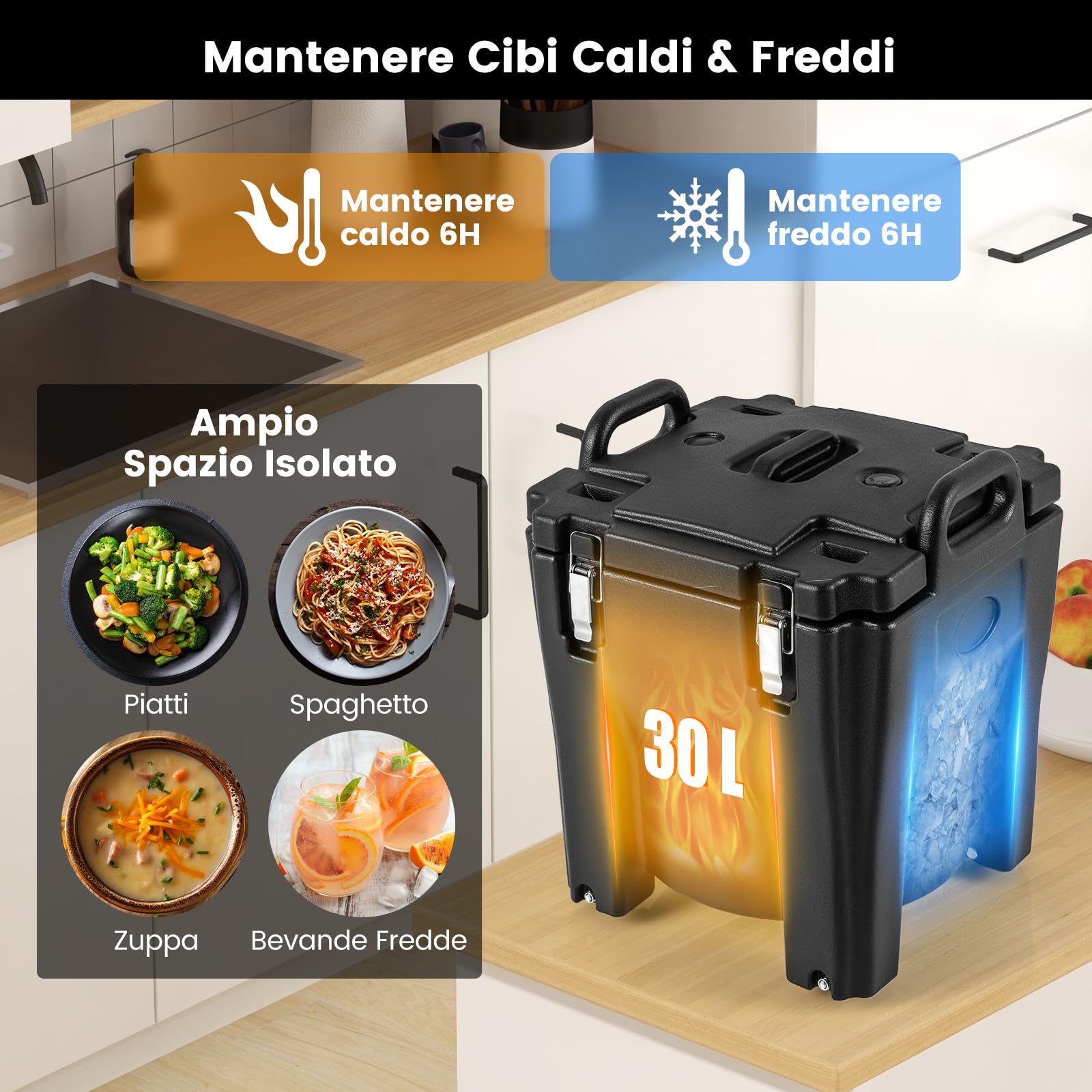 COSTWAY 30 L Contenitore Termico Portatile per cibi e bevande, contenitore per alimenti in Acciaio Inox con 2 Maniglie e 4 Ruote, Thermos per Alimenti per Catering Campeggio, Nero