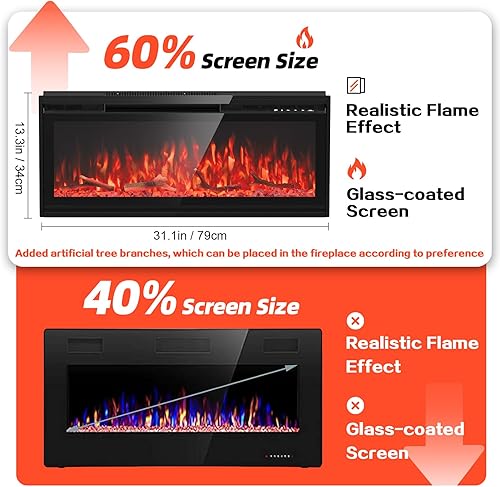 Miniatura 3 de Ooiior Chimenea eléctrica de 40 pulgadas, chimenea empotrada y montada en la pared con control remoto, calentador de chimenea ultrafino y chimenea