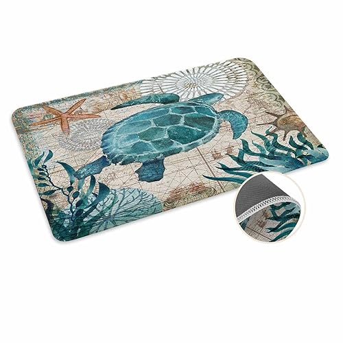 Coastal Blue Sea Turtle Nautical Map Doormat Welcome Mats Rugs