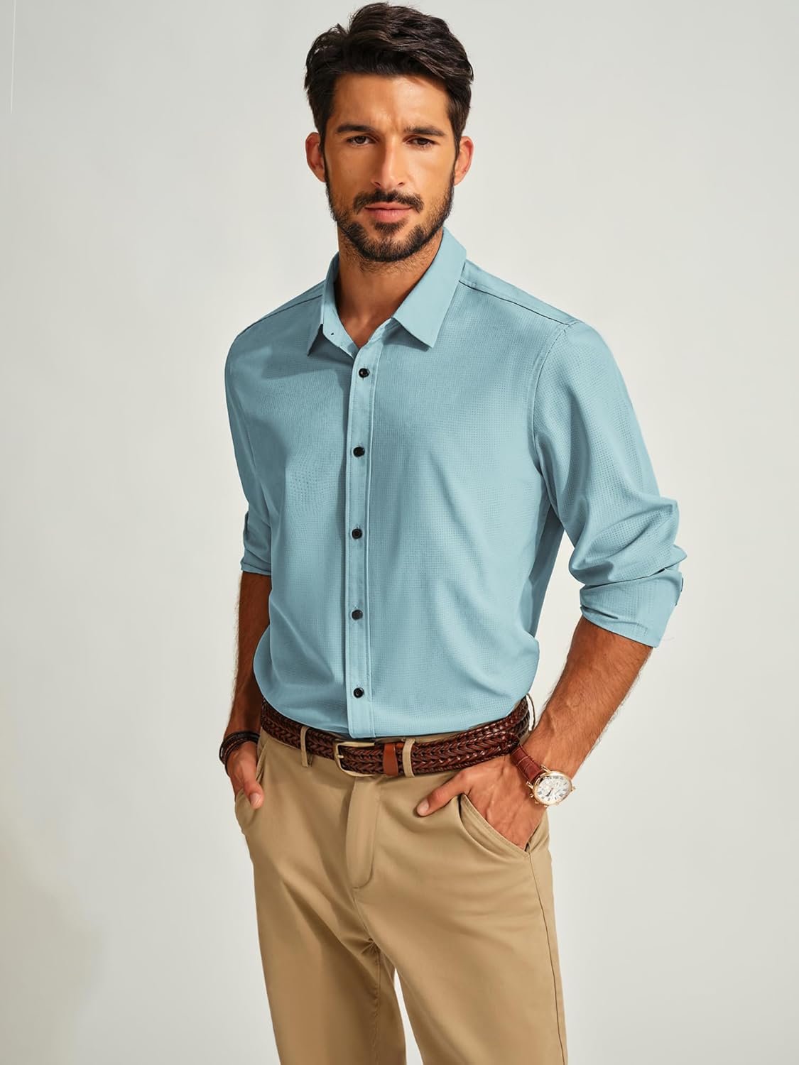 PJ PAUL JONES Mens Long Sleeve Button Down Shirts Wrinkle Free Stretch Untucked Dress Shirts Business Casual Shirt - Image 6