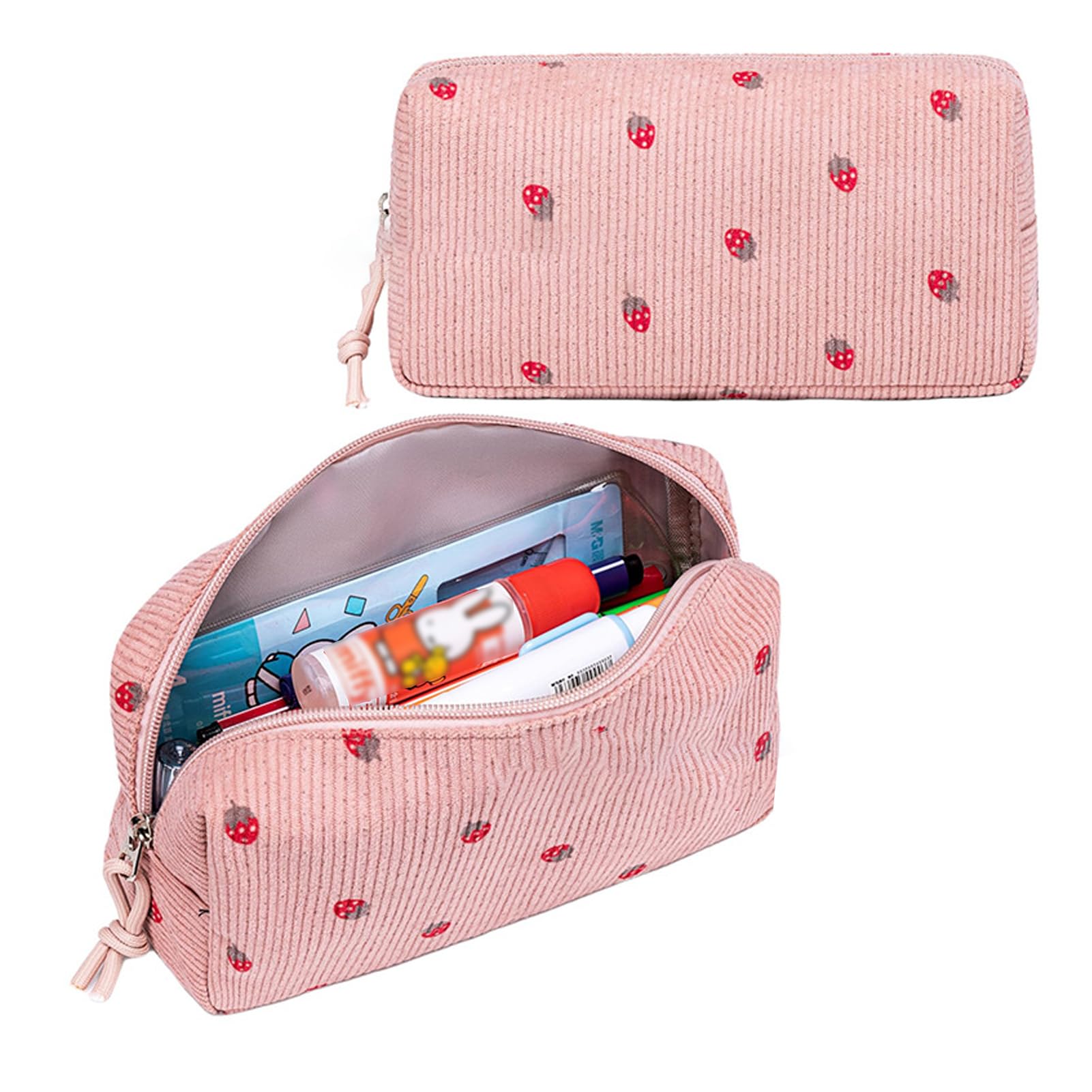 Zanthicia Satch Pencil Case Corduroy Boys Girls Large Capacity Stationery Pouch School Pencil Case For Girls For Boys, Pink Strawberry, 24 * 14 * 9cm