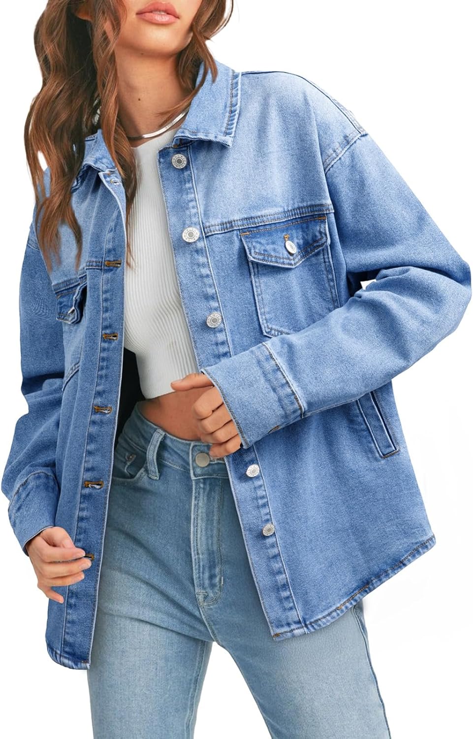 Sidefeel Women's Jean Jacket Casual Long Sleeve Button Down Oversized Denim Jacket Trendy Fall Outfits - Image 4