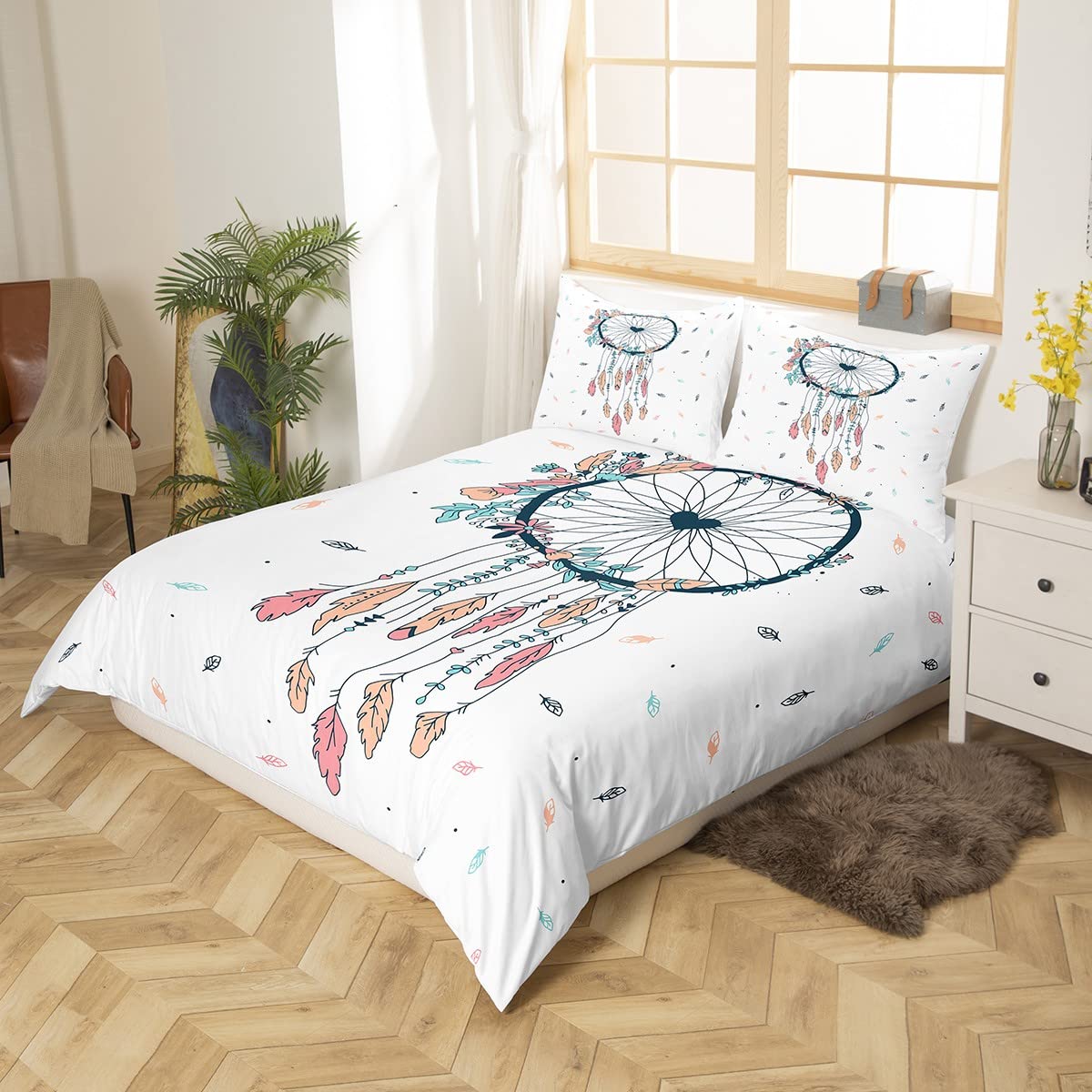 Loussiesd Boho Dreamcatcher Bedding Set Kids Kawaii Bohemian Comforter Cover Set for Girls White Feather Duvet Cover Breathable Drawing Flower Bedspread Cover Double - Image 2