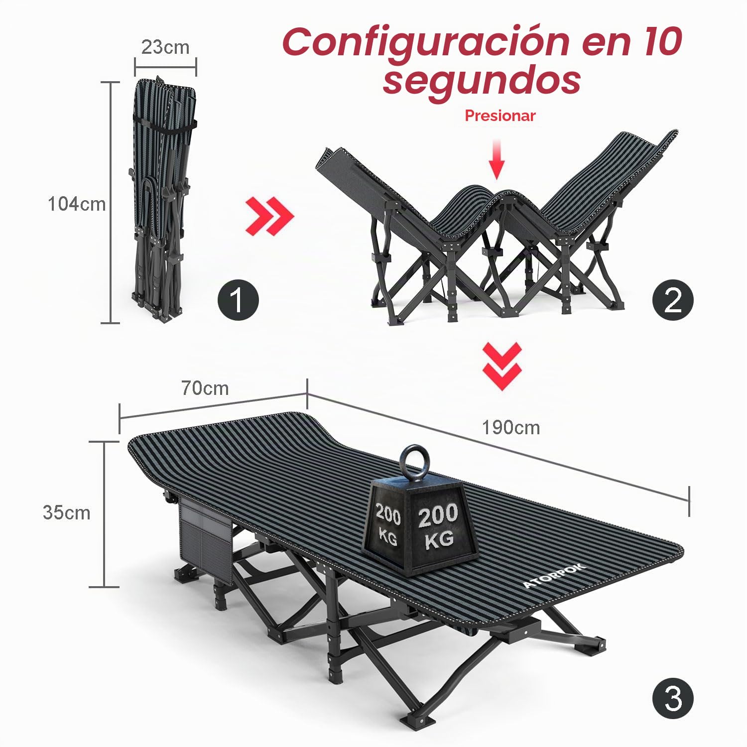 ATORPOK SHOP Cama de camping plegable, plegable hasta 200 kg para, resistente, portátil, bolsa de viaje, cómoda